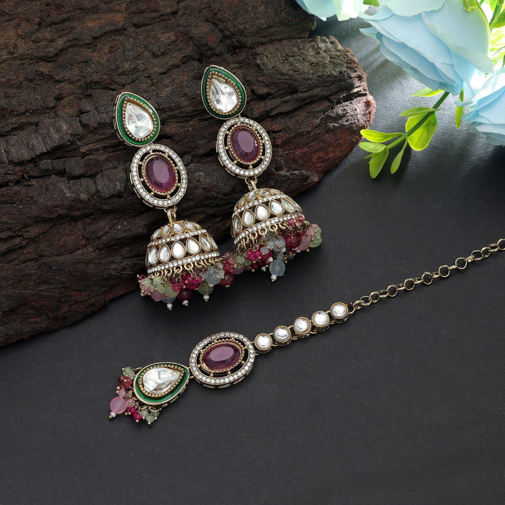 Multi Color Kundan Earrings Tikka Set Wedding Fashion