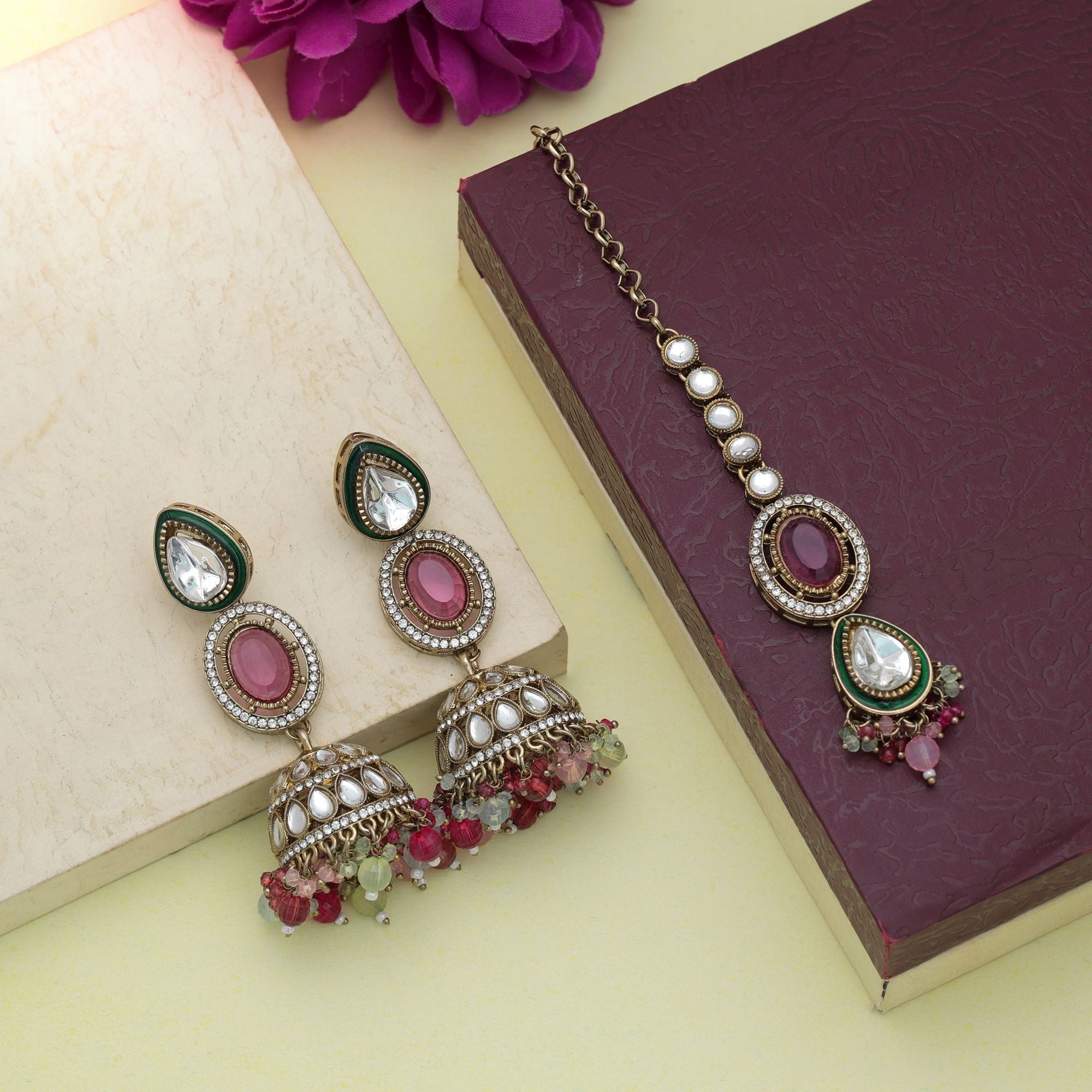 Multi Color Kundan Earrings Tikka Set Wedding Fashion