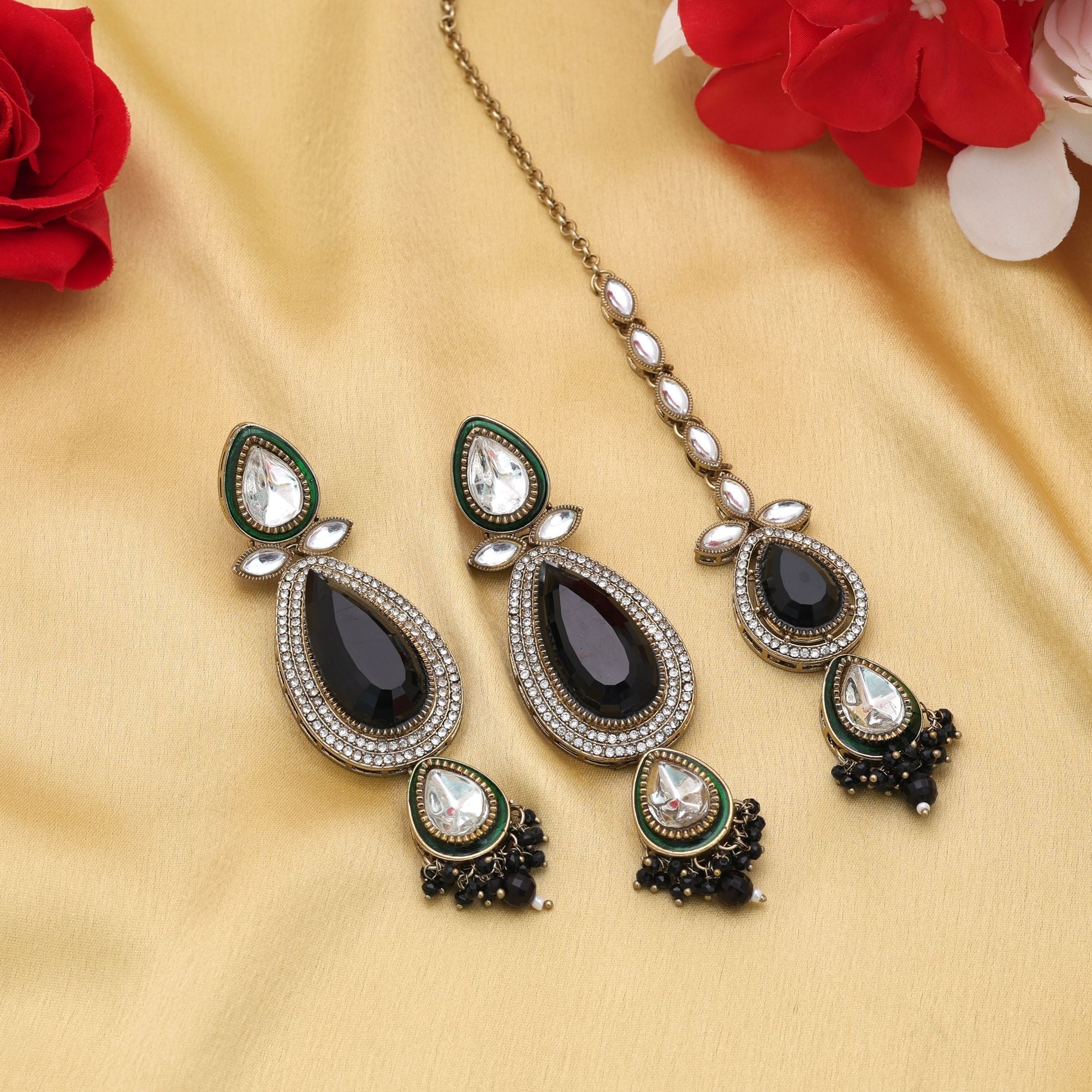Black Color Kundan Earrings Tikka Set Festive Fashion