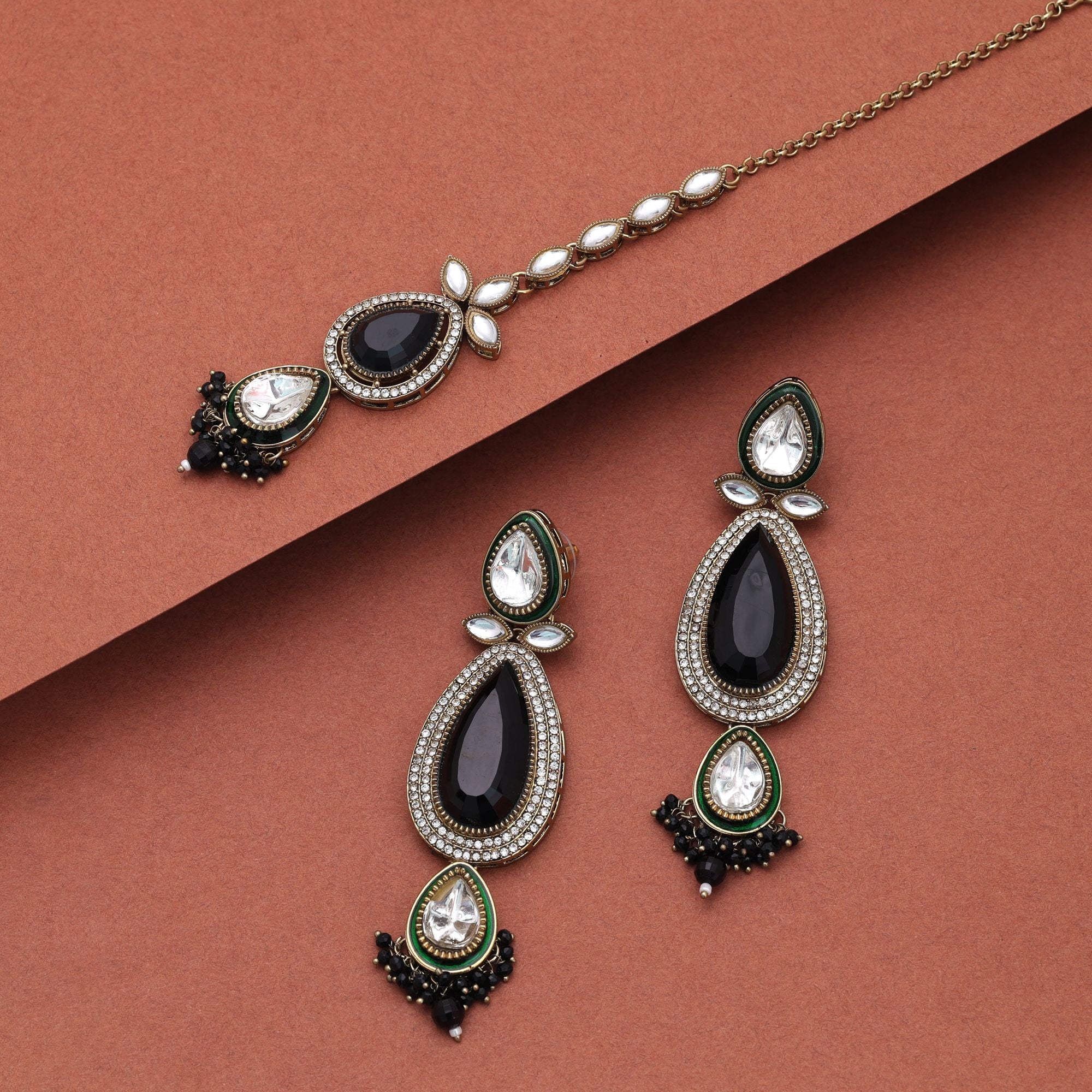Black Color Kundan Earrings Tikka Set Festive Fashion