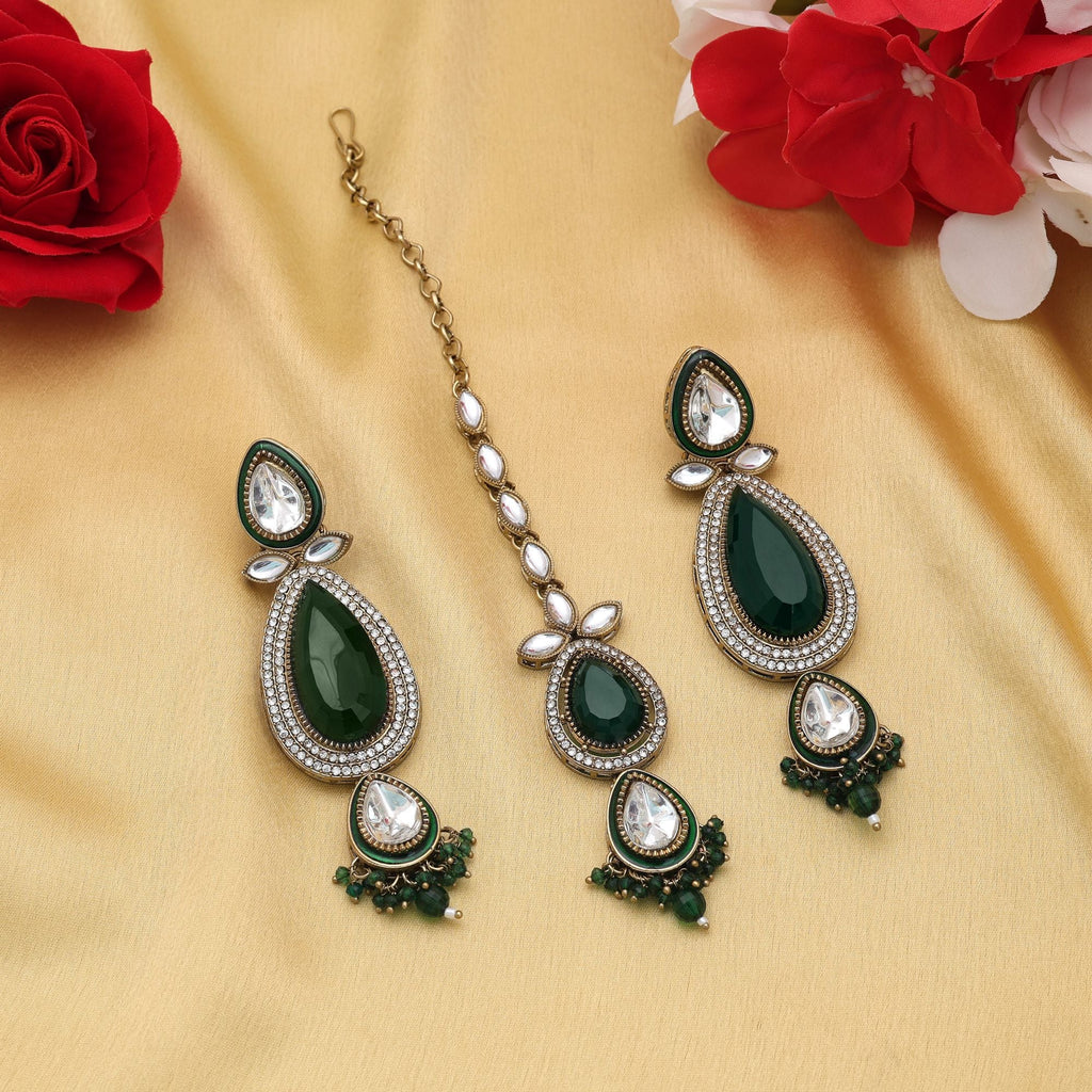Green Color Kundan Earrings Tikka Set Bridal Artwork