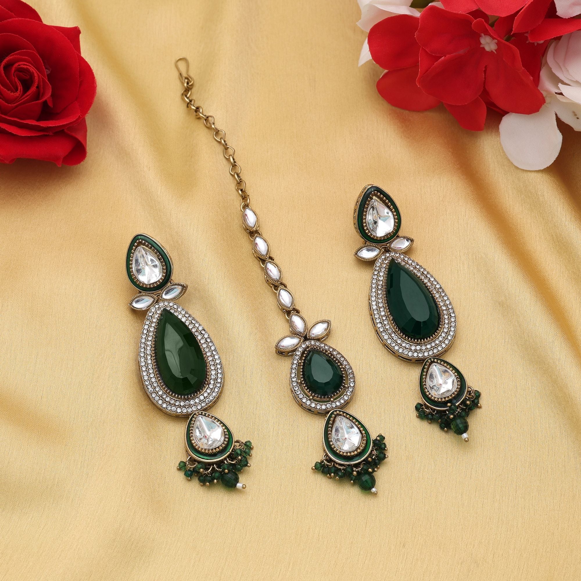 Green Color Kundan Earrings Tikka Set Bridal Artwork