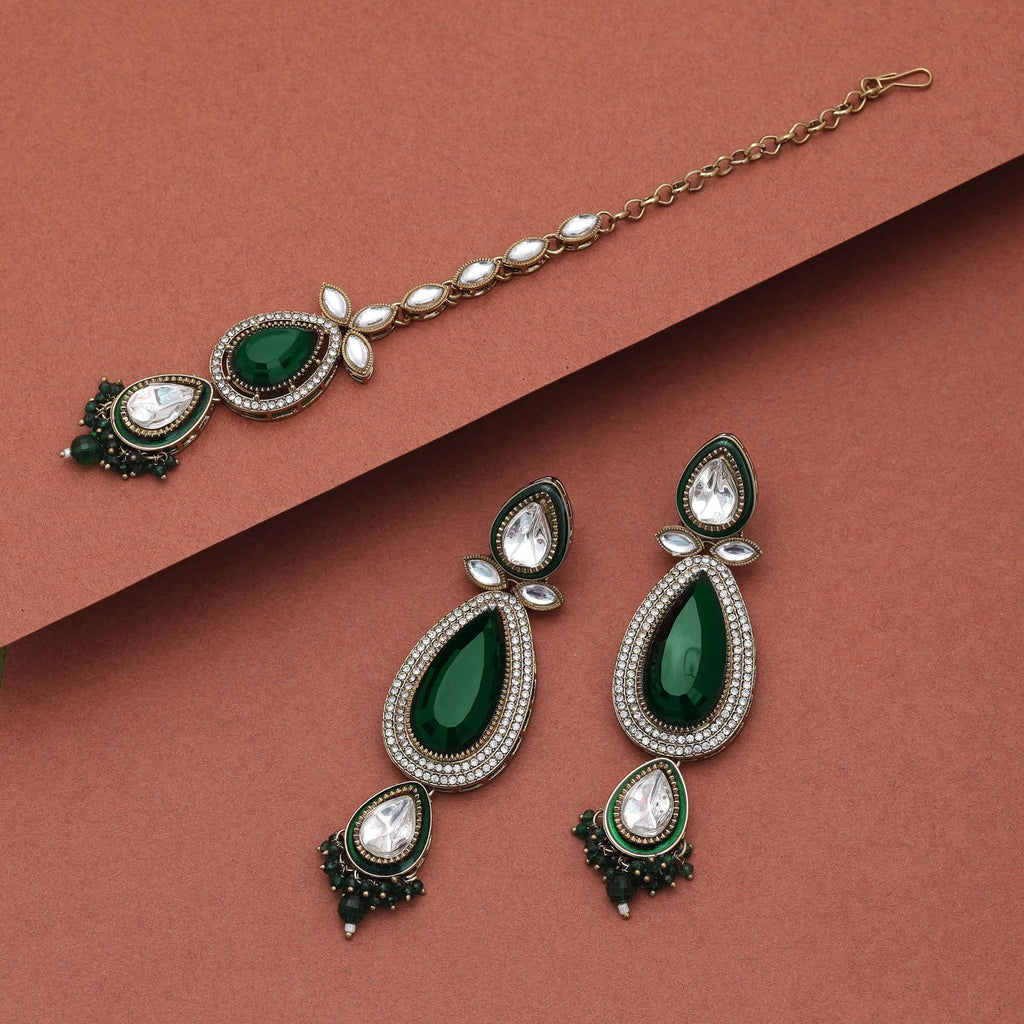 Green Color Kundan Earrings Tikka Set Bridal Artwork