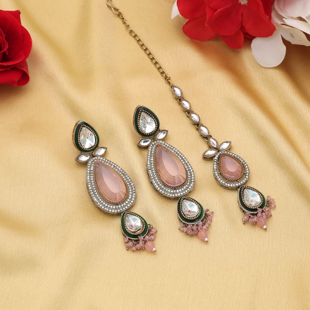Light Pink Color Kundan Earrings Tikka Set Ethnic Artwork