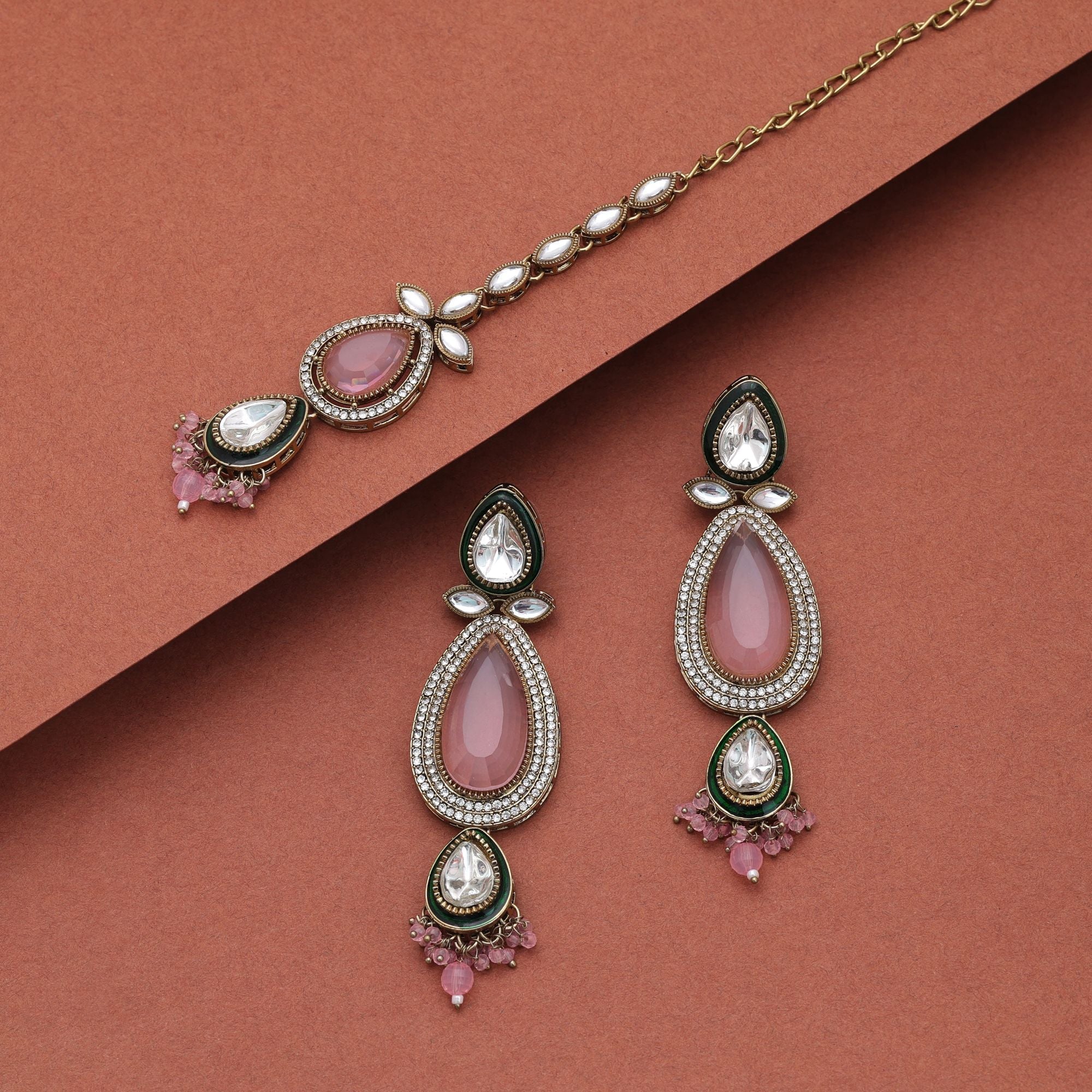 Light Pink Color Kundan Earrings Tikka Set Ethnic Artwork