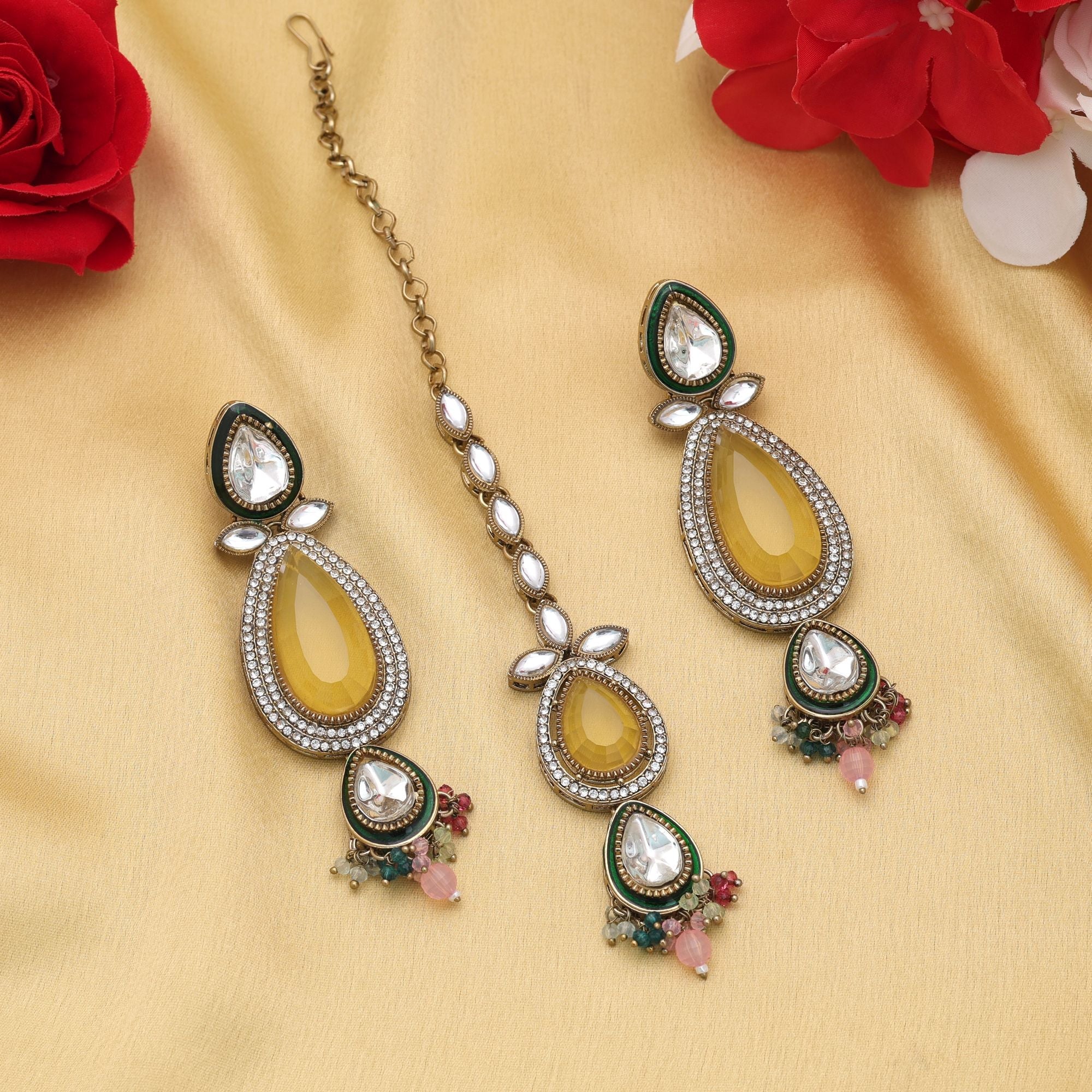 Multi Color Kundan Earrings Tikka Set Celebration Jewelry