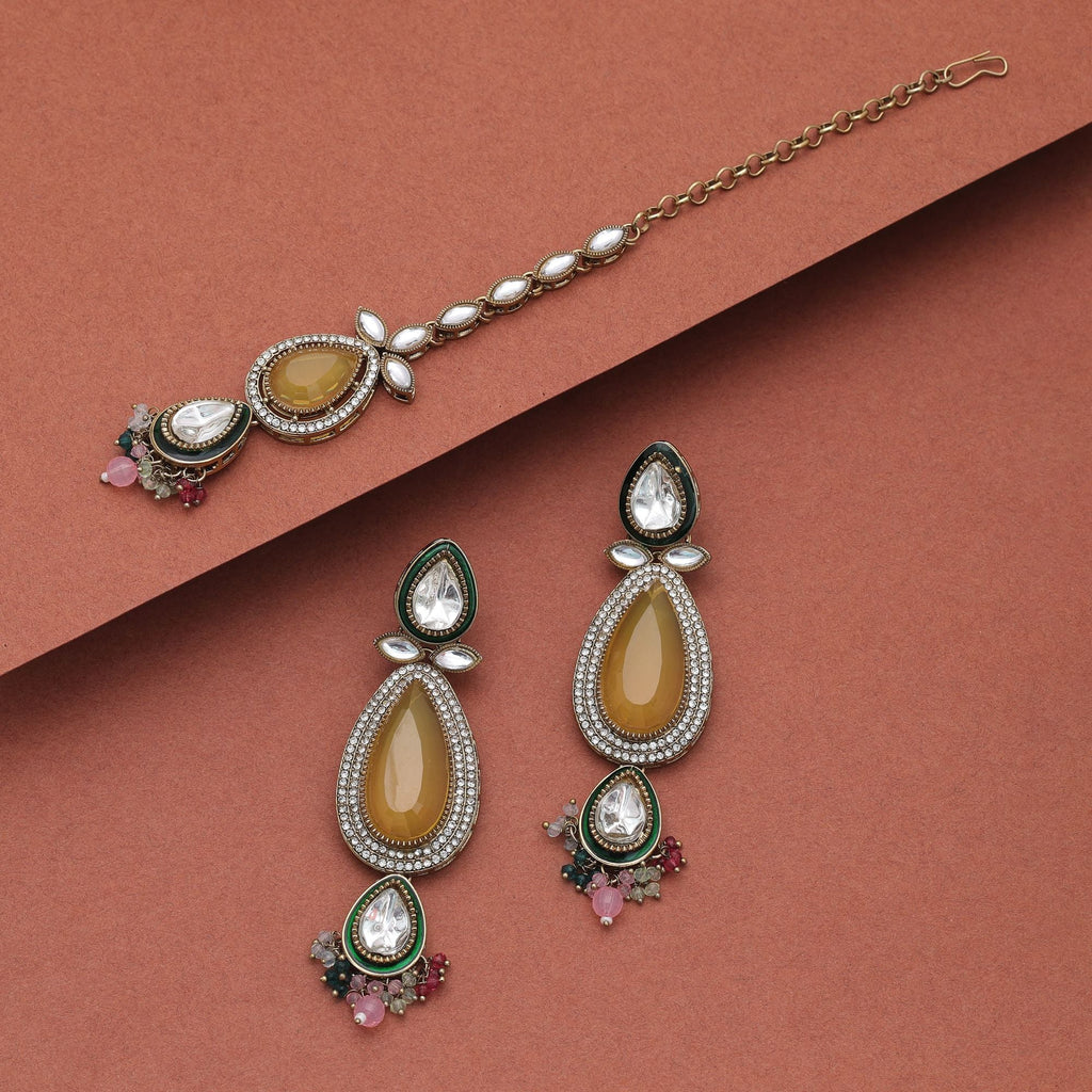 Multi Color Kundan Earrings Tikka Set Celebration Jewelry