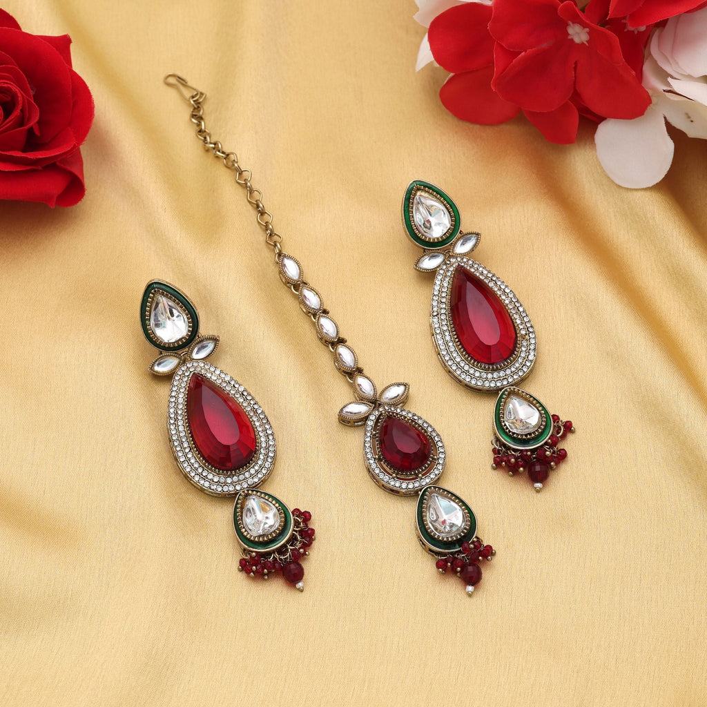 Maroon Color Kundan Earrings Tikka Set Festive Wear