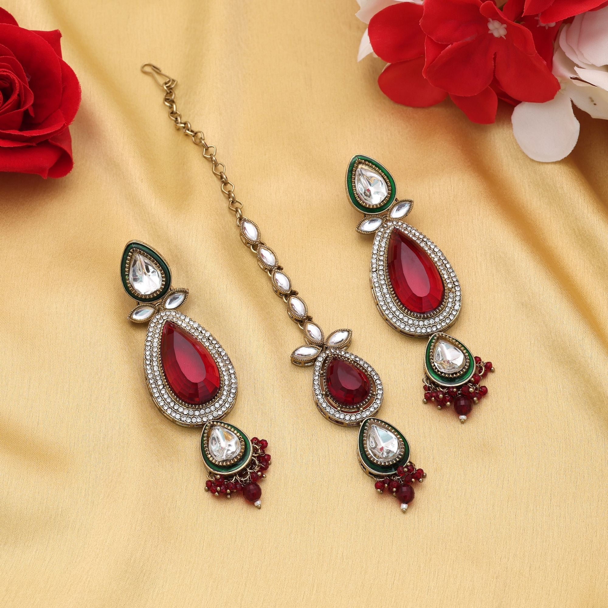 Maroon Color Kundan Earrings Tikka Set Festive Wear