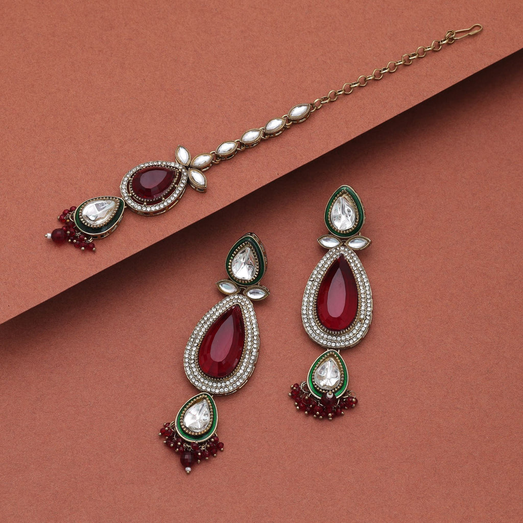 Maroon Color Kundan Earrings Tikka Set Festive Wear