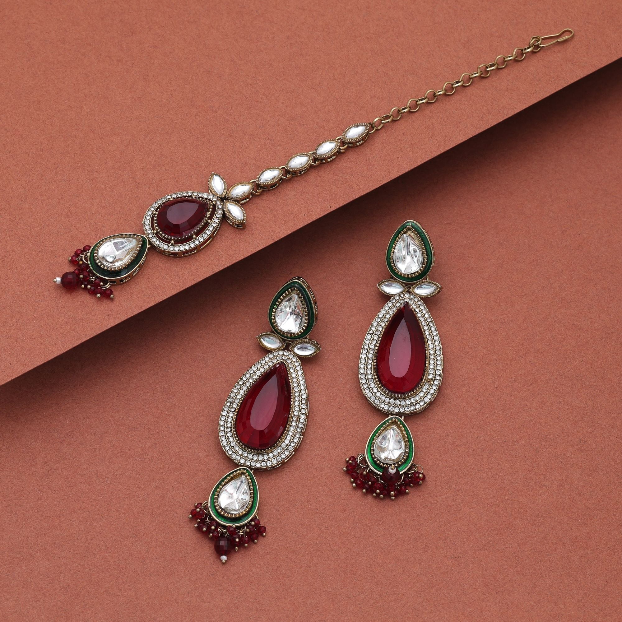Maroon Color Kundan Earrings Tikka Set Festive Wear