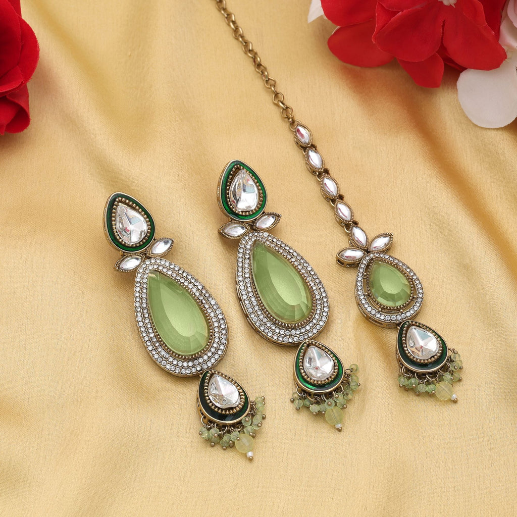 Pista Green Color Kundan Earrings Tikka Set Wedding Style