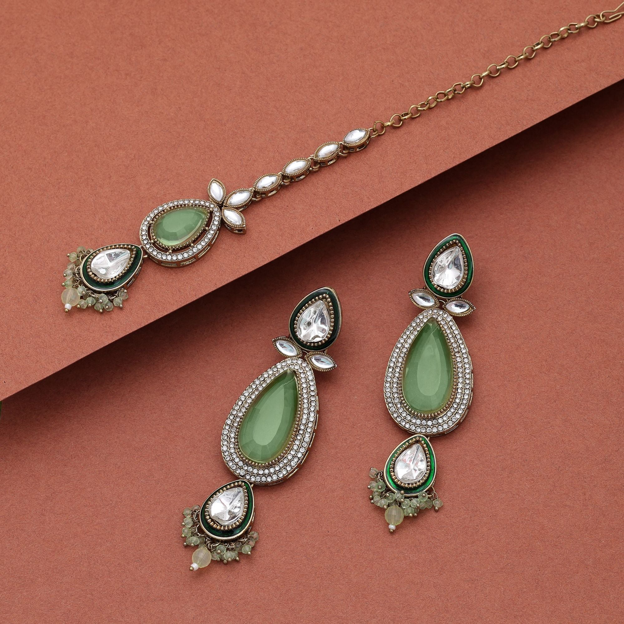 Pista Green Color Kundan Earrings Tikka Set Wedding Style