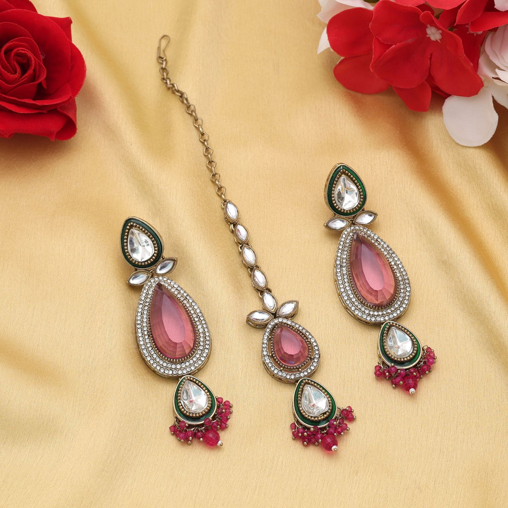 Rani Color Kundan Earrings Tikka Set Festive Fashion