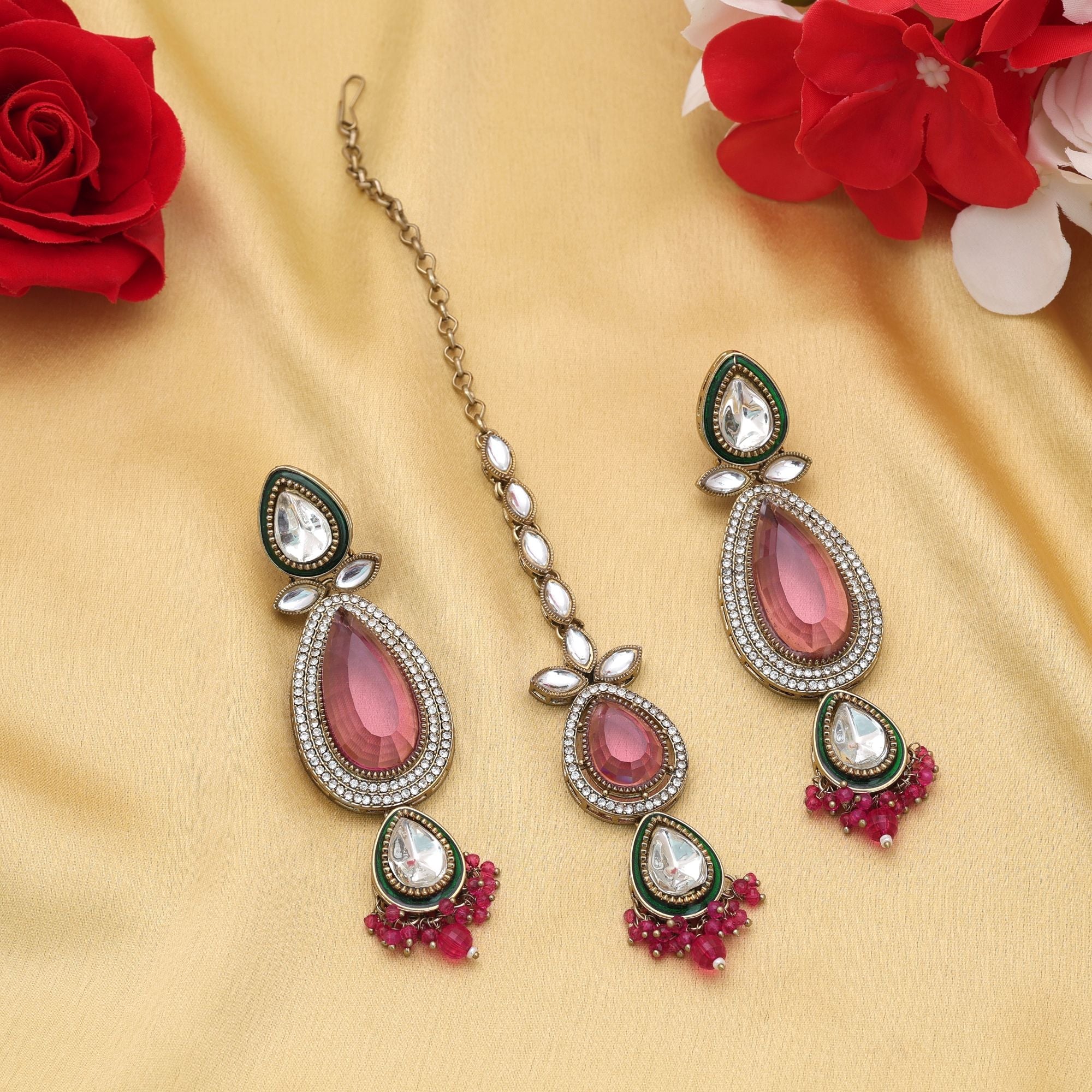 Rani Color Kundan Earrings Tikka Set Festive Fashion