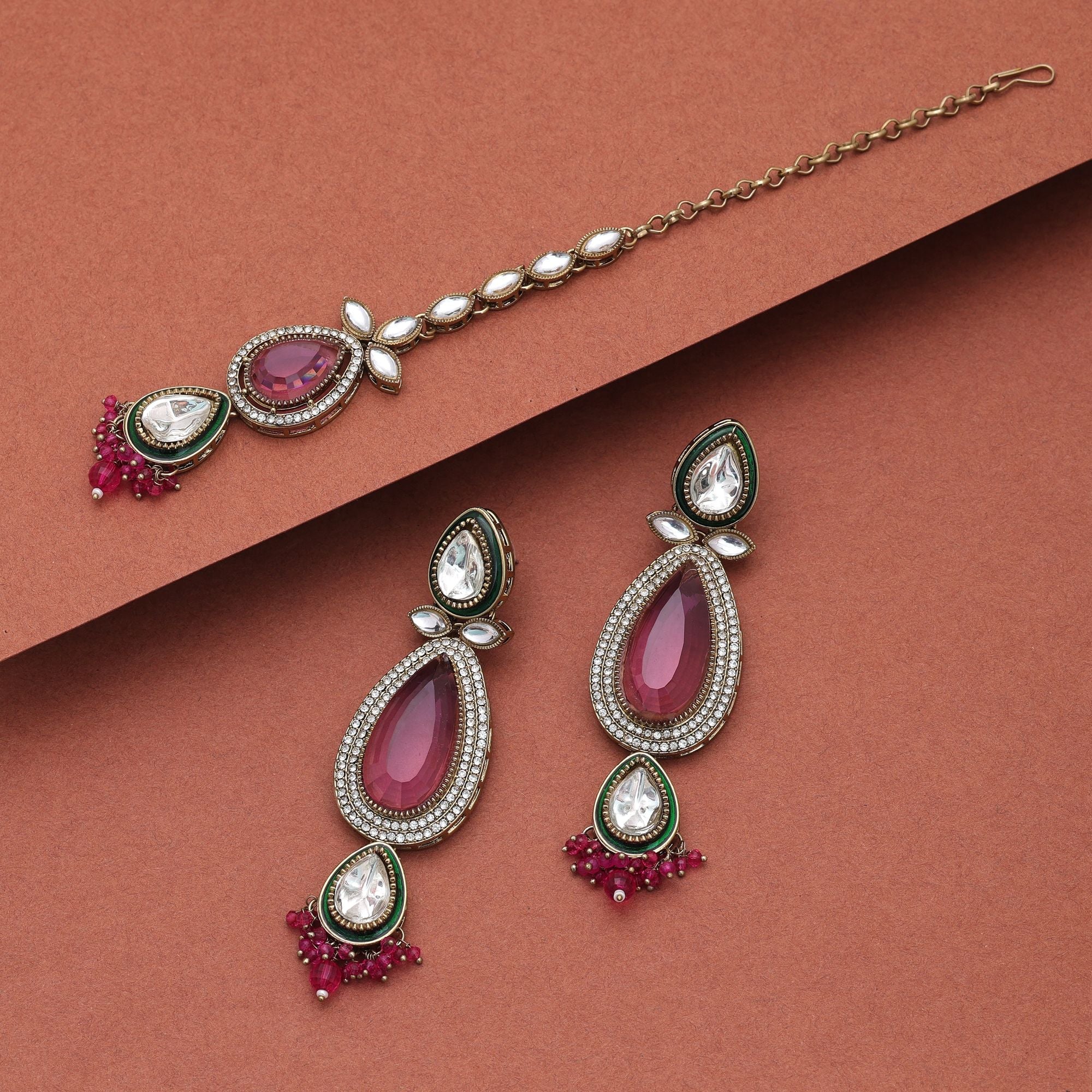 Rani Color Kundan Earrings Tikka Set Festive Fashion