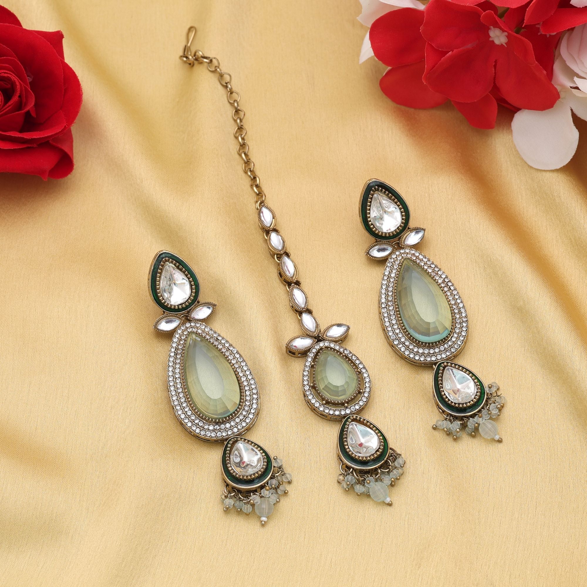 Sky Blue Color Kundan Earrings Tikka Set Bridal Collection