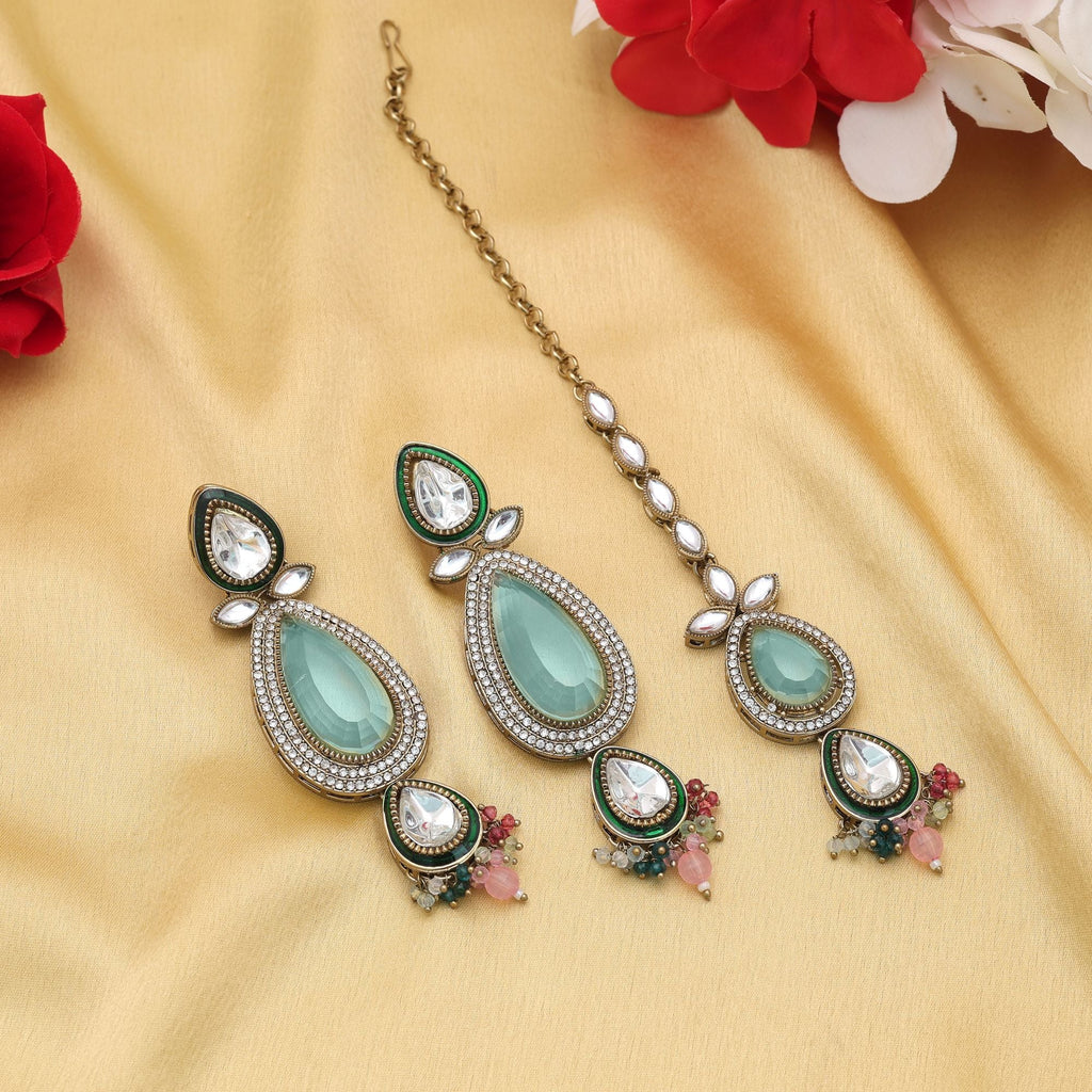 Multi Color Kundan Earrings Tikka Set Ethnic Appeal