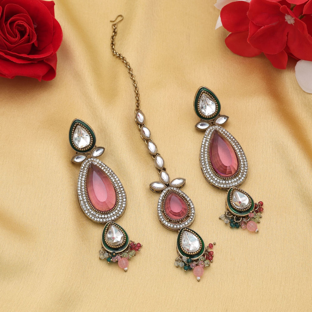 Multi Color Kundan Earrings Tikka Set Party Collection