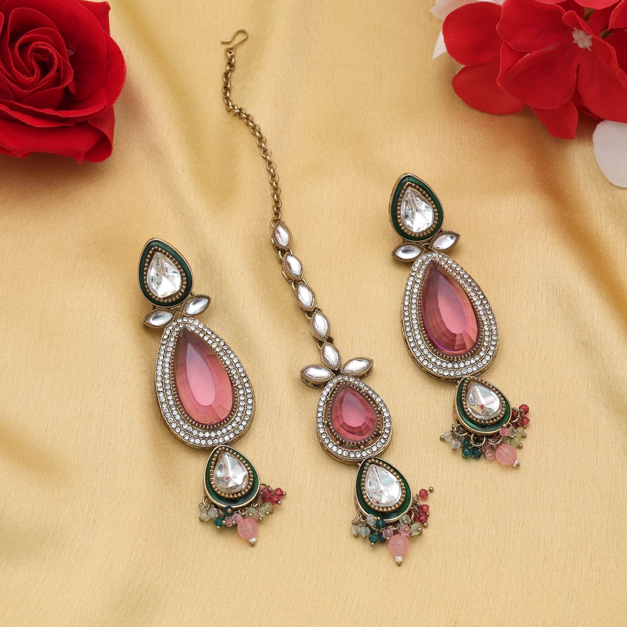 Multi Color Kundan Earrings Tikka Set Party Collection