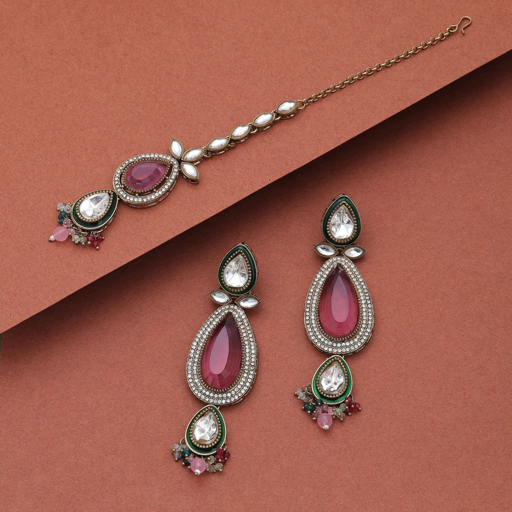 Multi Color Kundan Earrings Tikka Set Party Collection