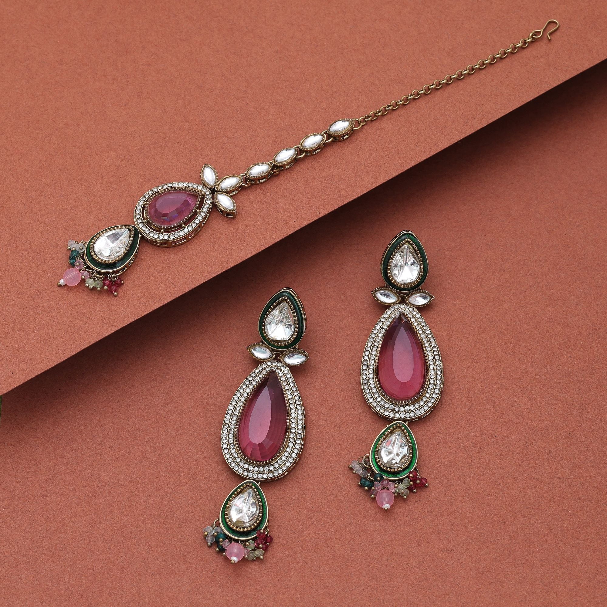 Multi Color Kundan Earrings Tikka Set Party Collection