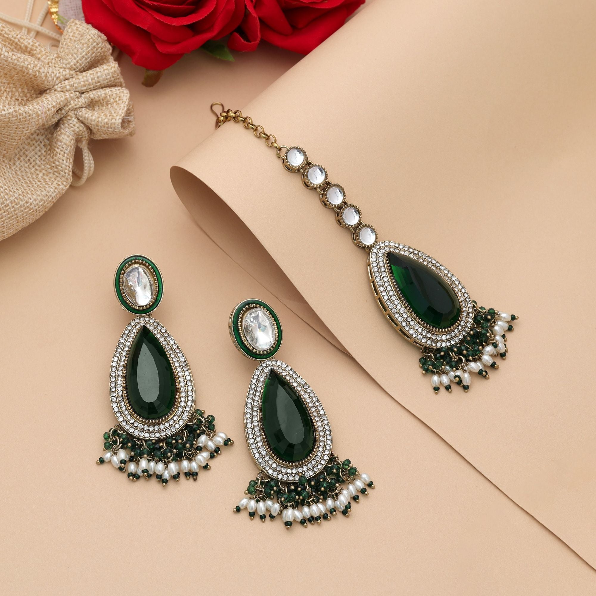 Green Color Kundan Earrings Tikka Set Festive Jewelry