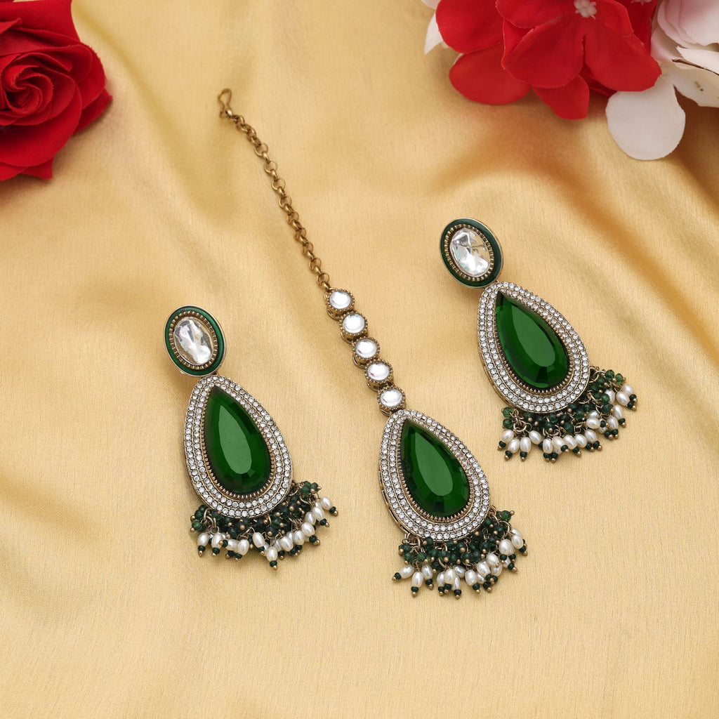 Green Color Kundan Earrings Tikka Set Festive Jewelry