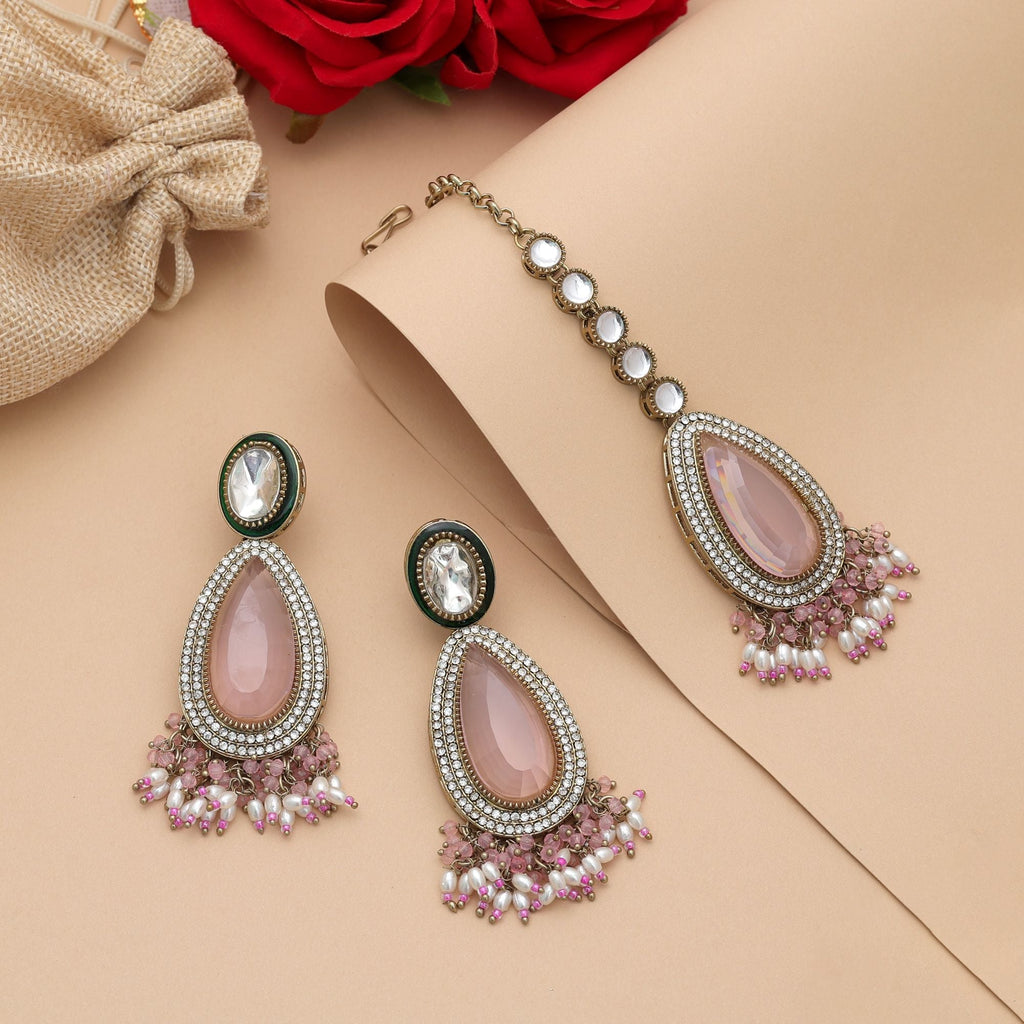 Light Pink Color Kundan Earrings Tikka Set Bridal Artwork