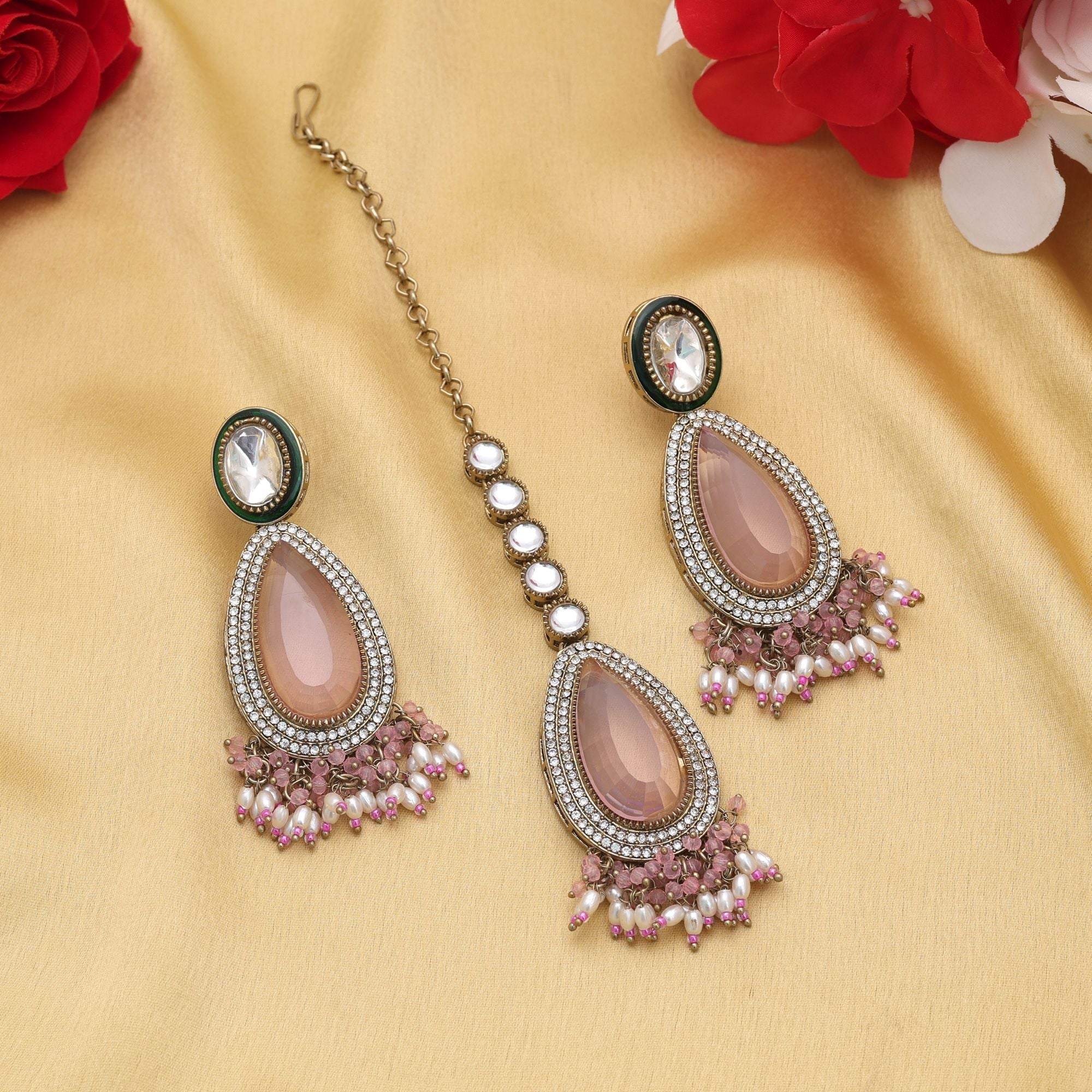 Light Pink Color Kundan Earrings Tikka Set Bridal Artwork