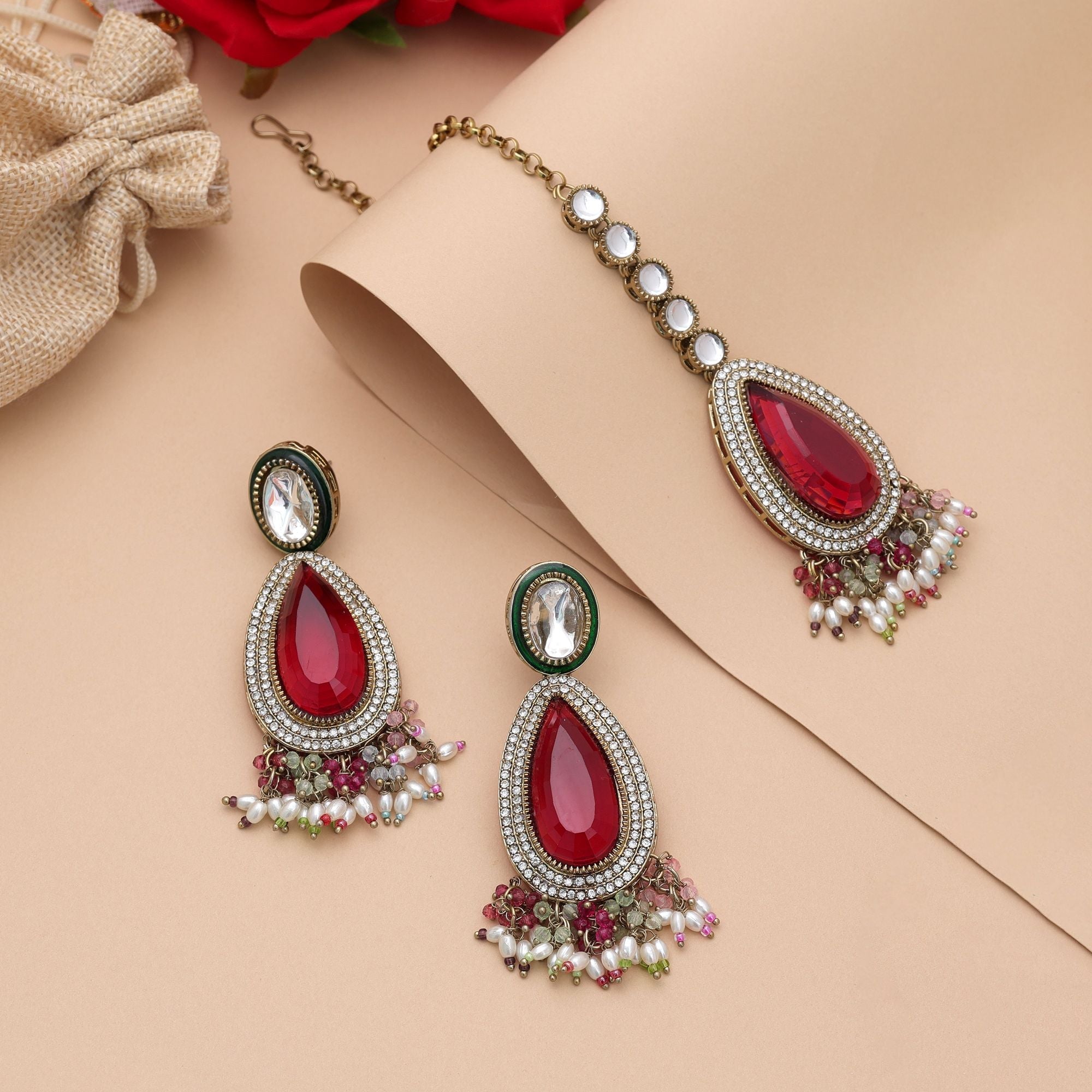 Multi Color Kundan Earrings Tikka Set Wedding Looks