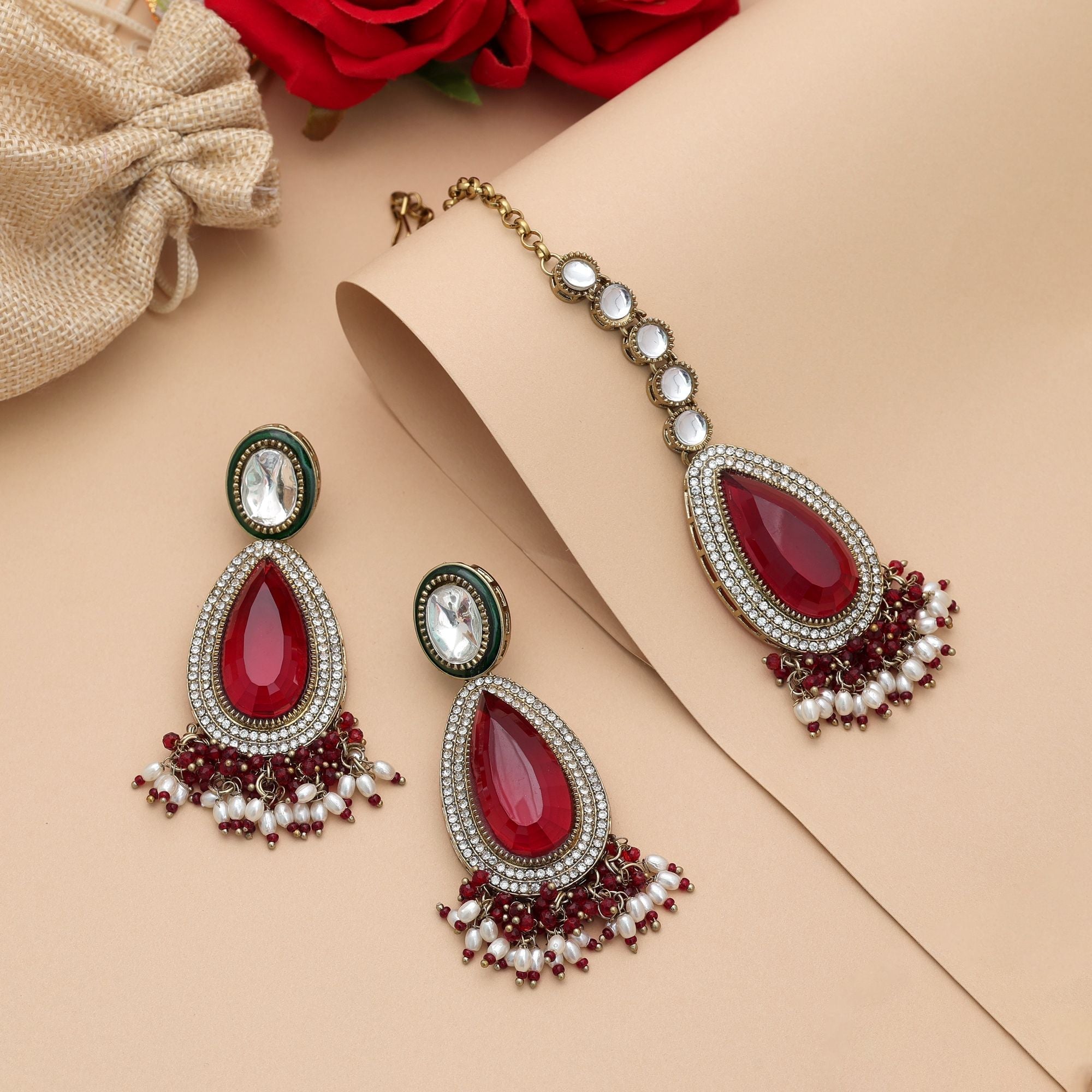 Maroon Color Kundan Earrings Tikka Set Party Wear