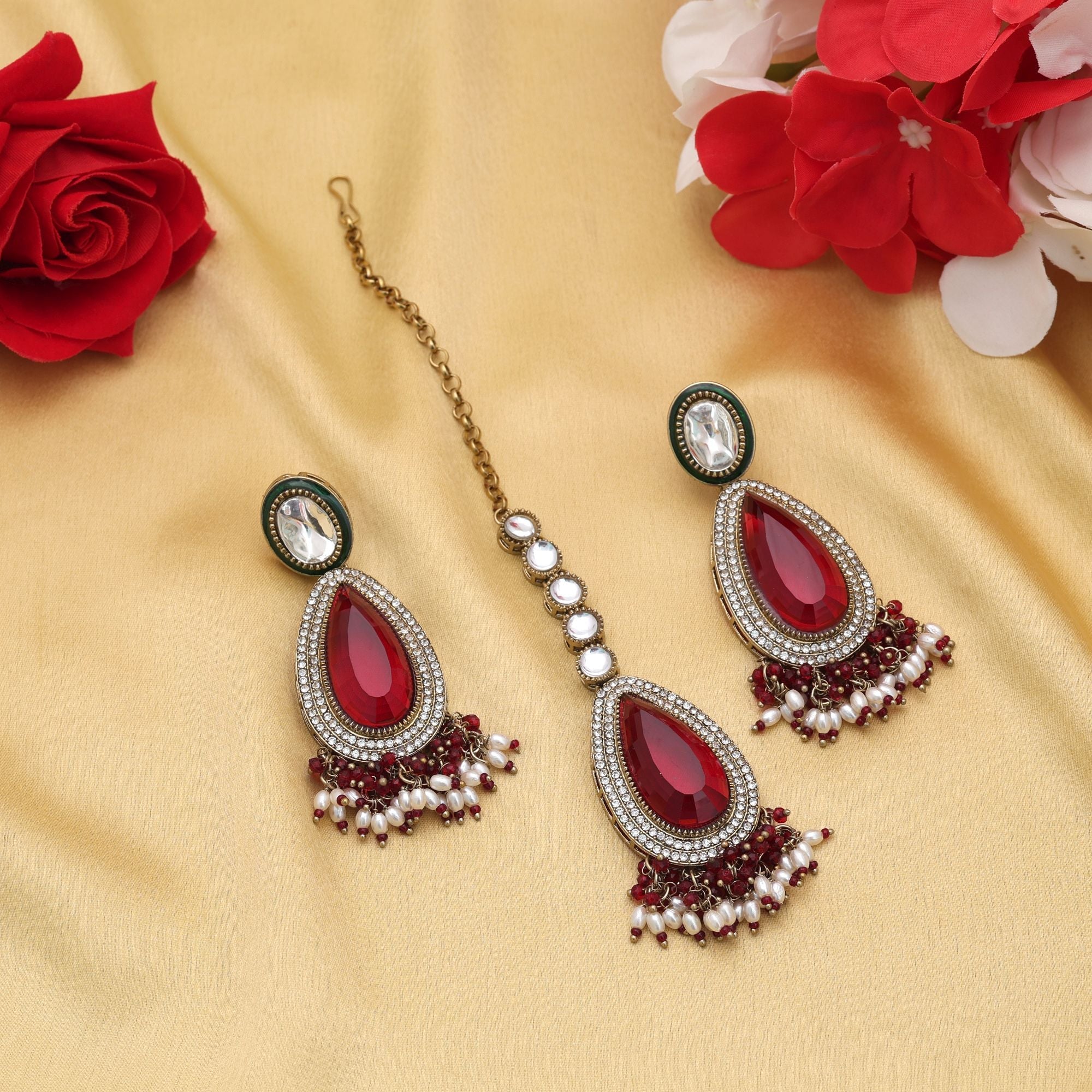 Maroon Color Kundan Earrings Tikka Set Party Wear