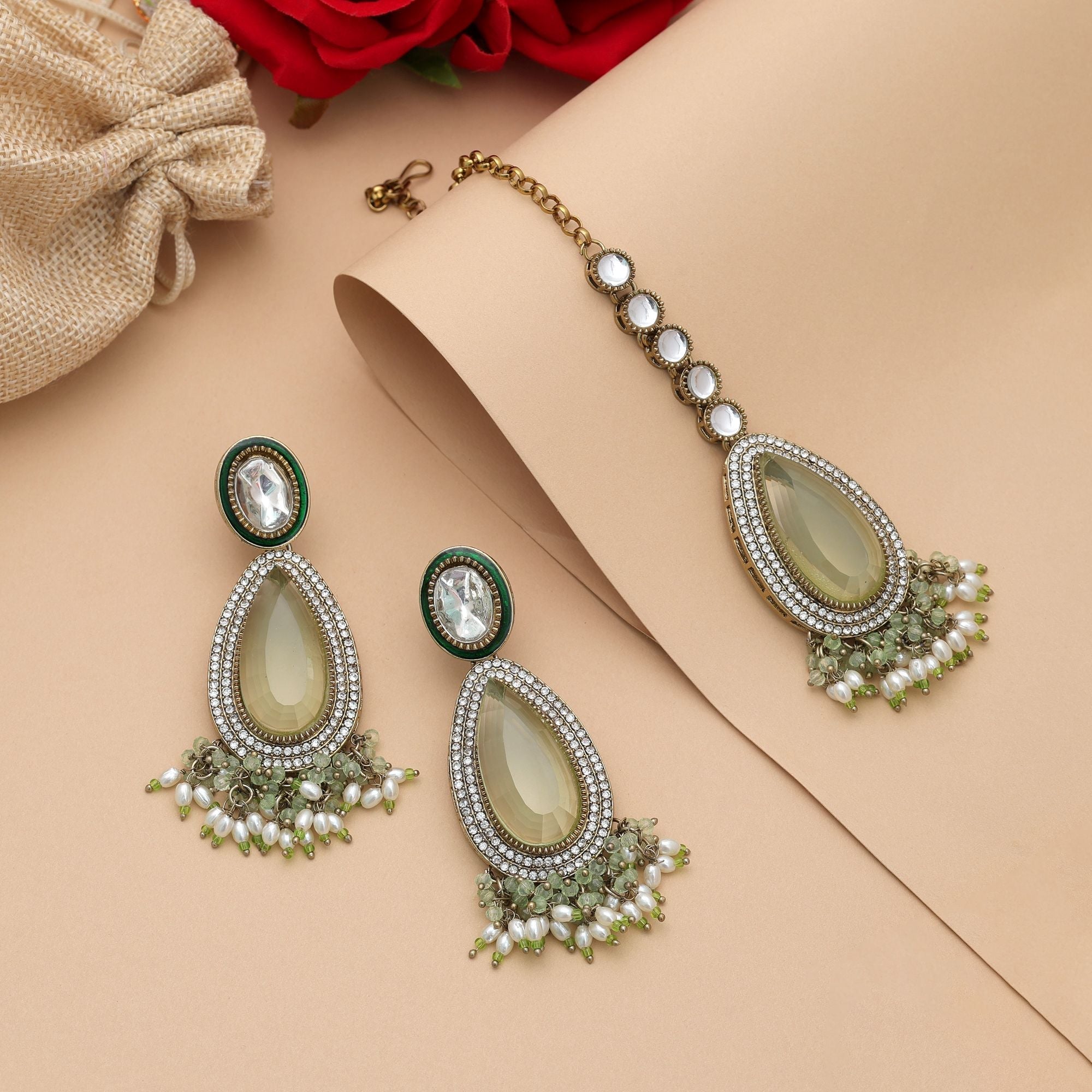 Pista Green Color Kundan Earrings Tikka Set Bridal Jewelry