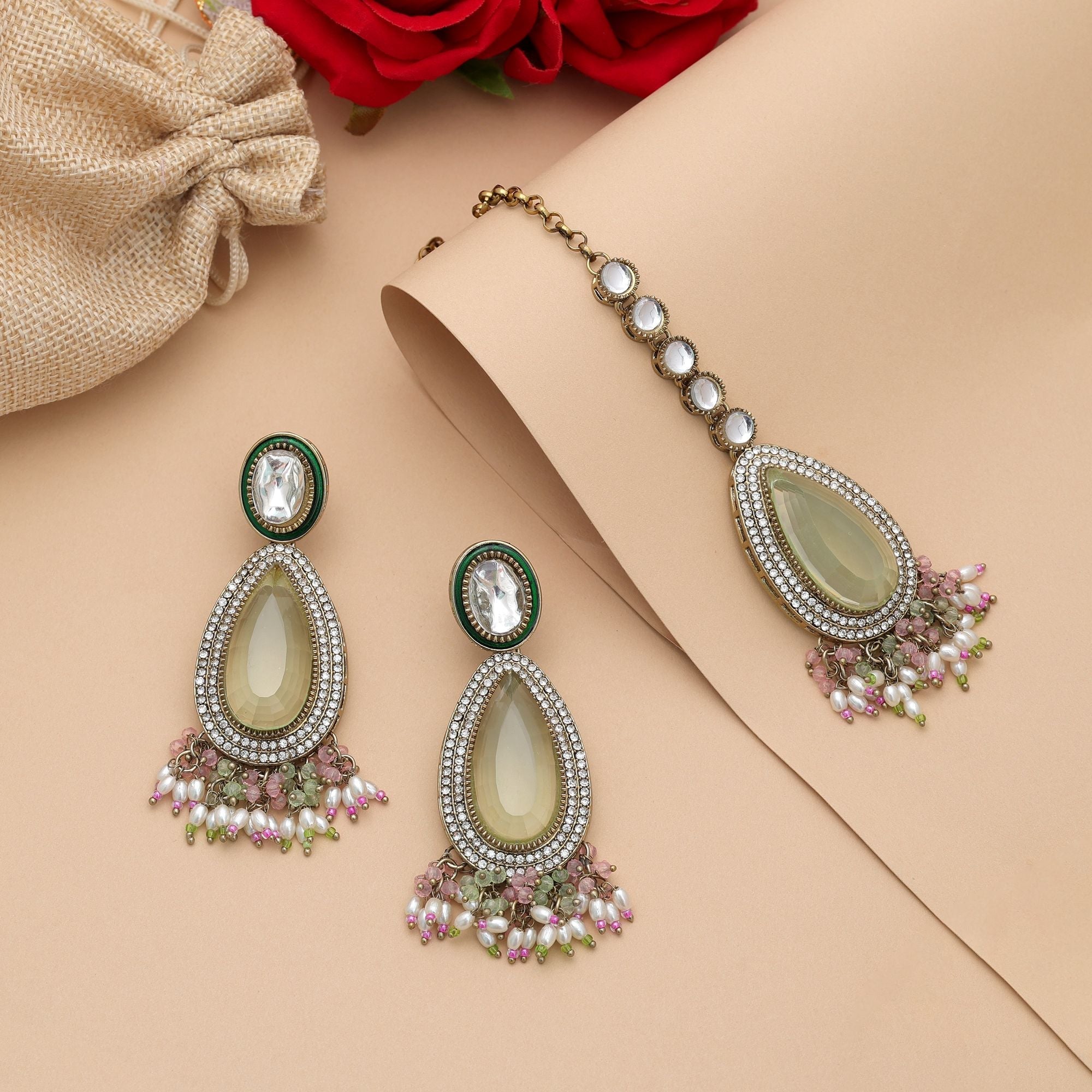 Pista Green & Pink Kundan Earrings Tikka Set Fashion