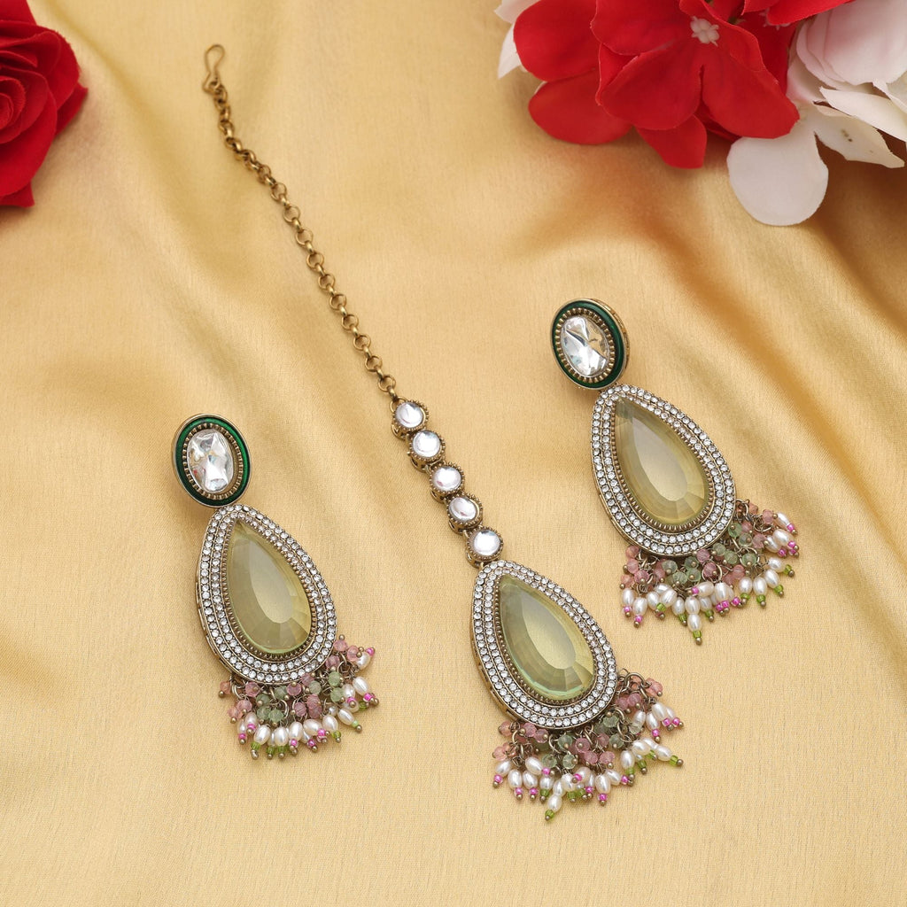 Pista Green & Pink Kundan Earrings Tikka Set Fashion