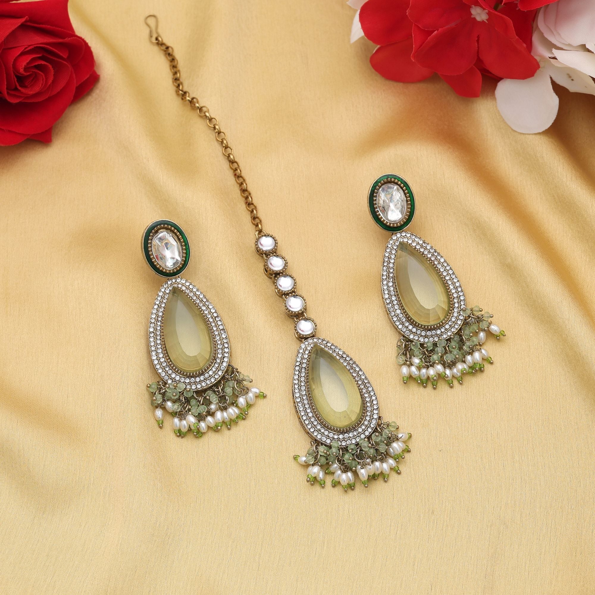 Pista Green Color Kundan Earrings Tikka Set Bridal Jewelry