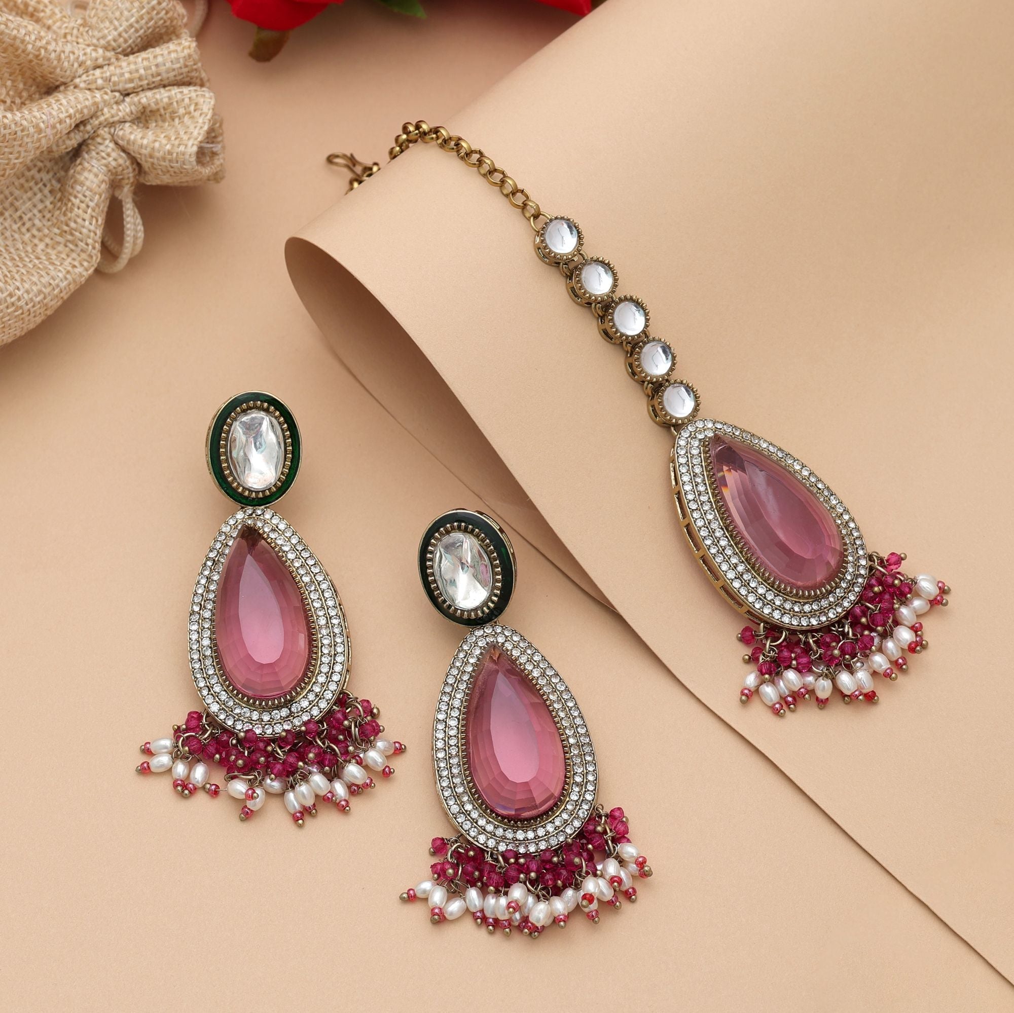 Rani Color Kundan Earrings Tikka Set Traditional Artwork