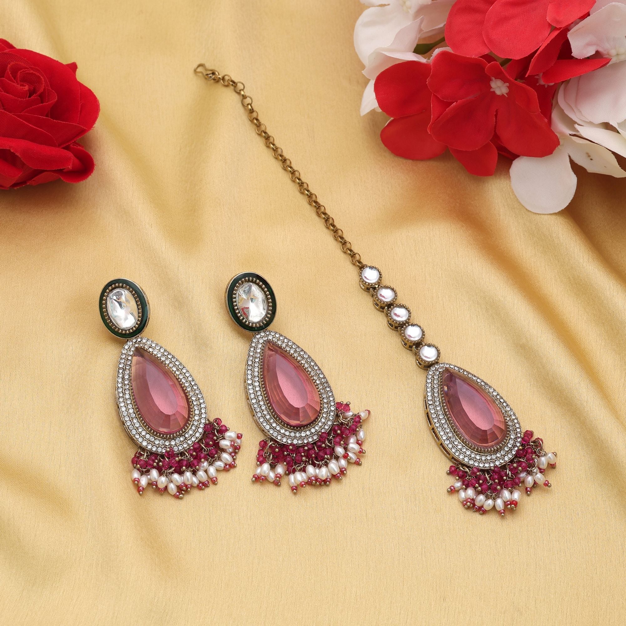 Rani Color Kundan Earrings Tikka Set Traditional Artwork