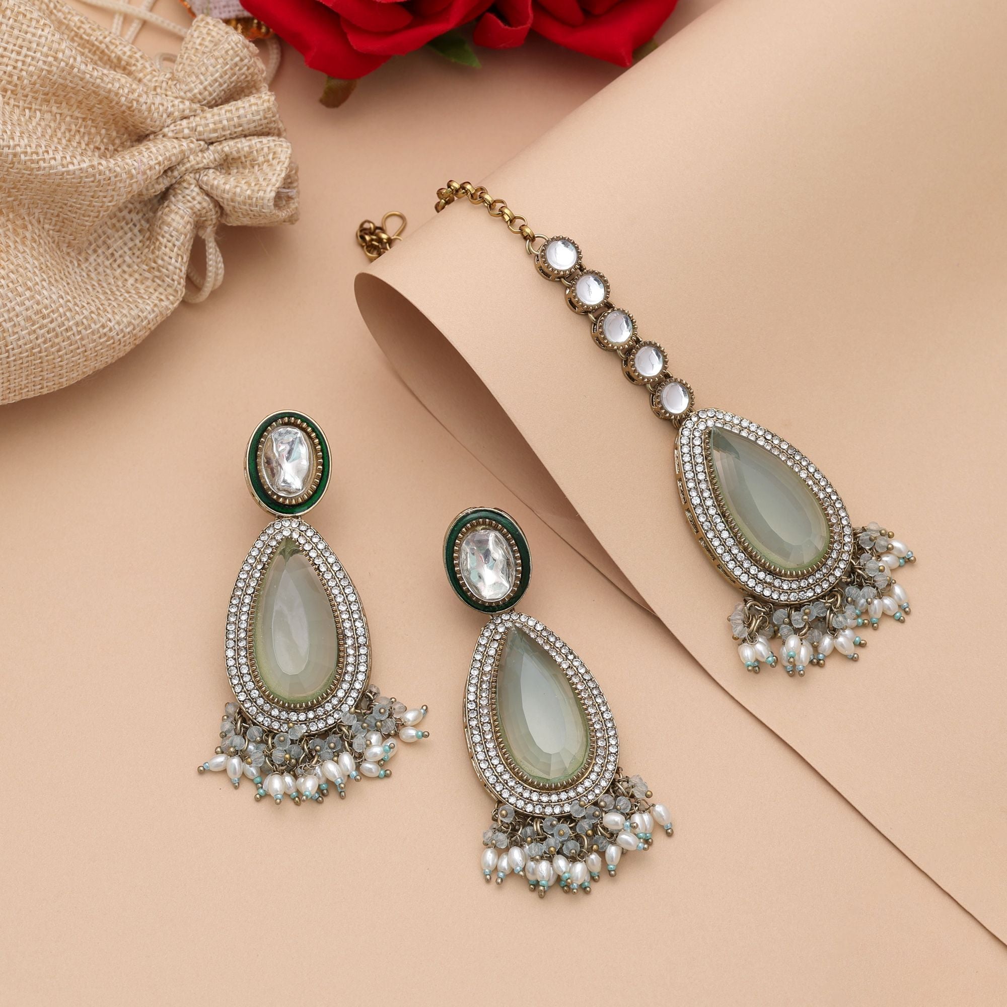 Sky Blue Color Kundan Earrings Tikka Set Bridal Styling