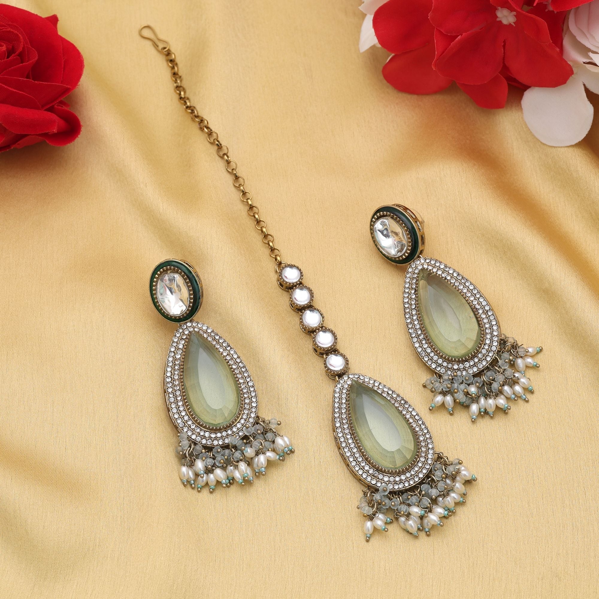 Sky Blue Color Kundan Earrings Tikka Set Bridal Styling