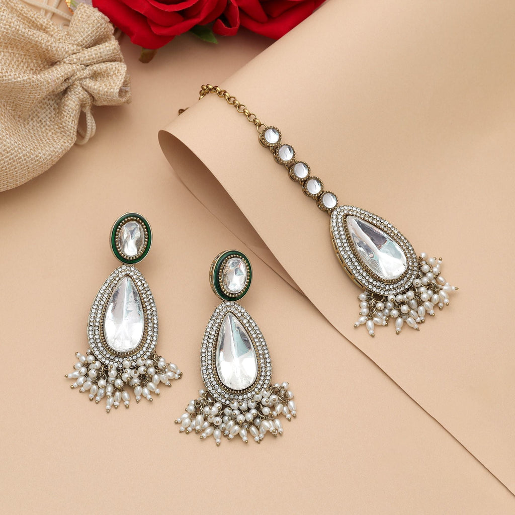 White Color Kundan Earrings Tikka Set Ethnic Styling