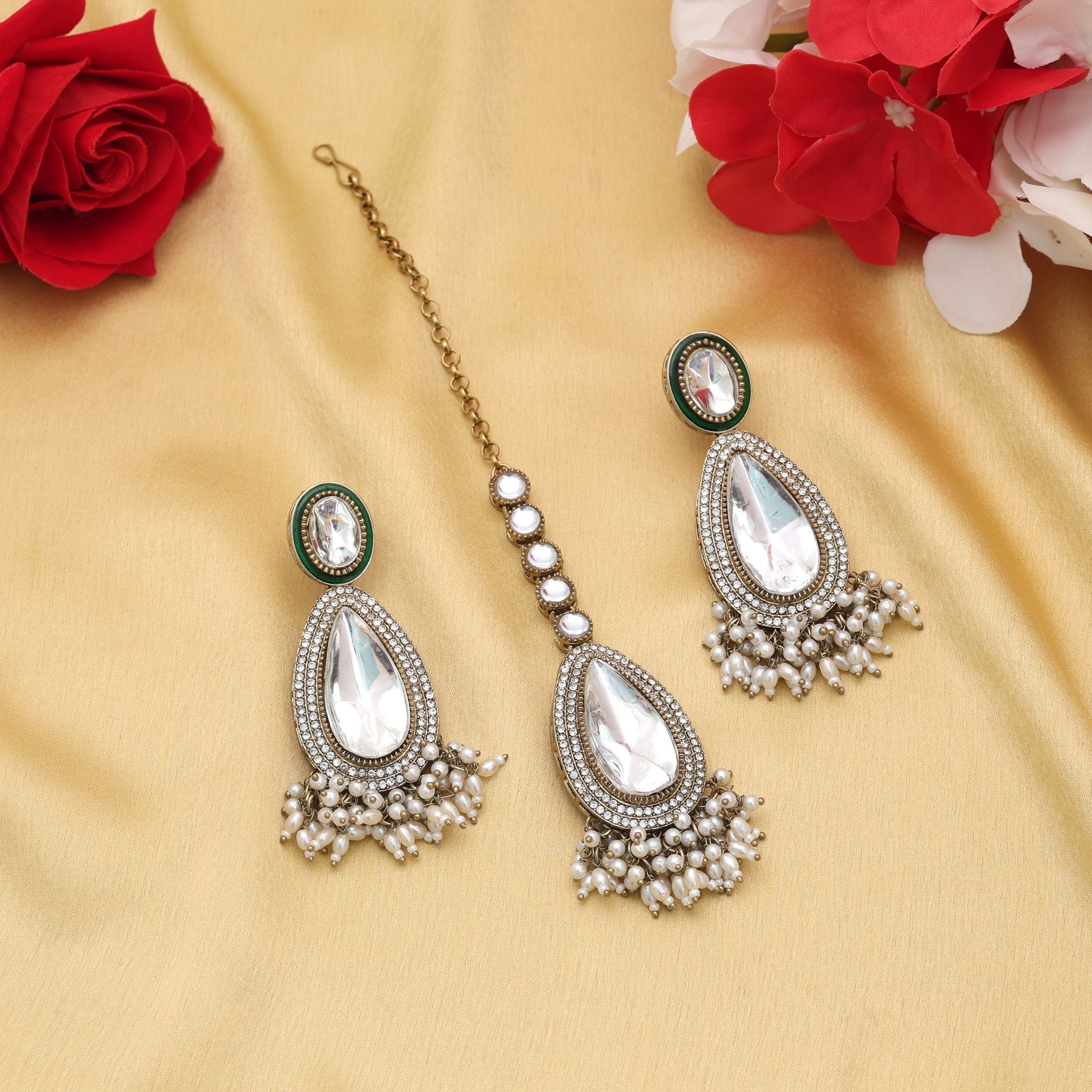 White Color Kundan Earrings Tikka Set Ethnic Styling
