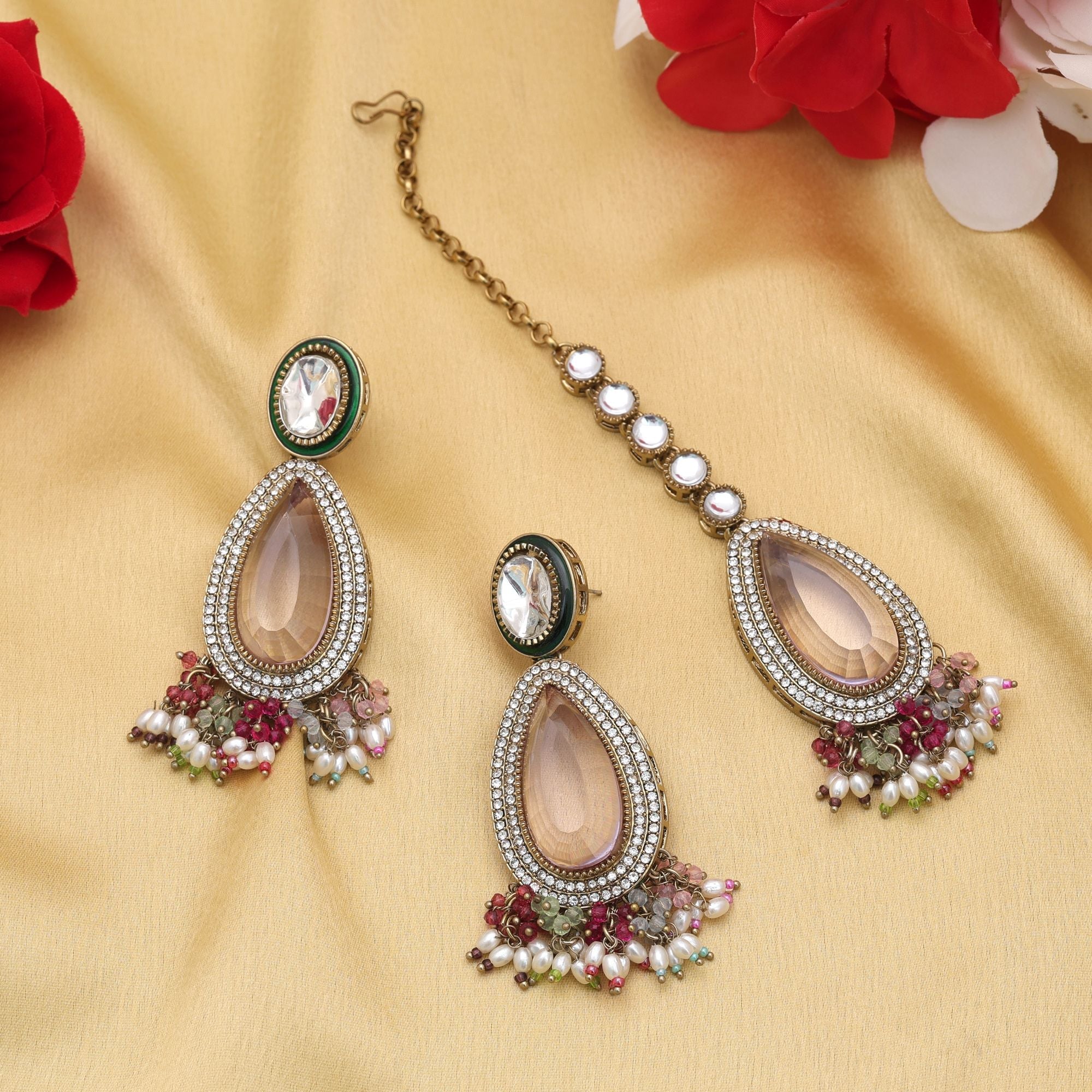 Multi Color Kundan Earrings Tikka Set Festive Jewelry