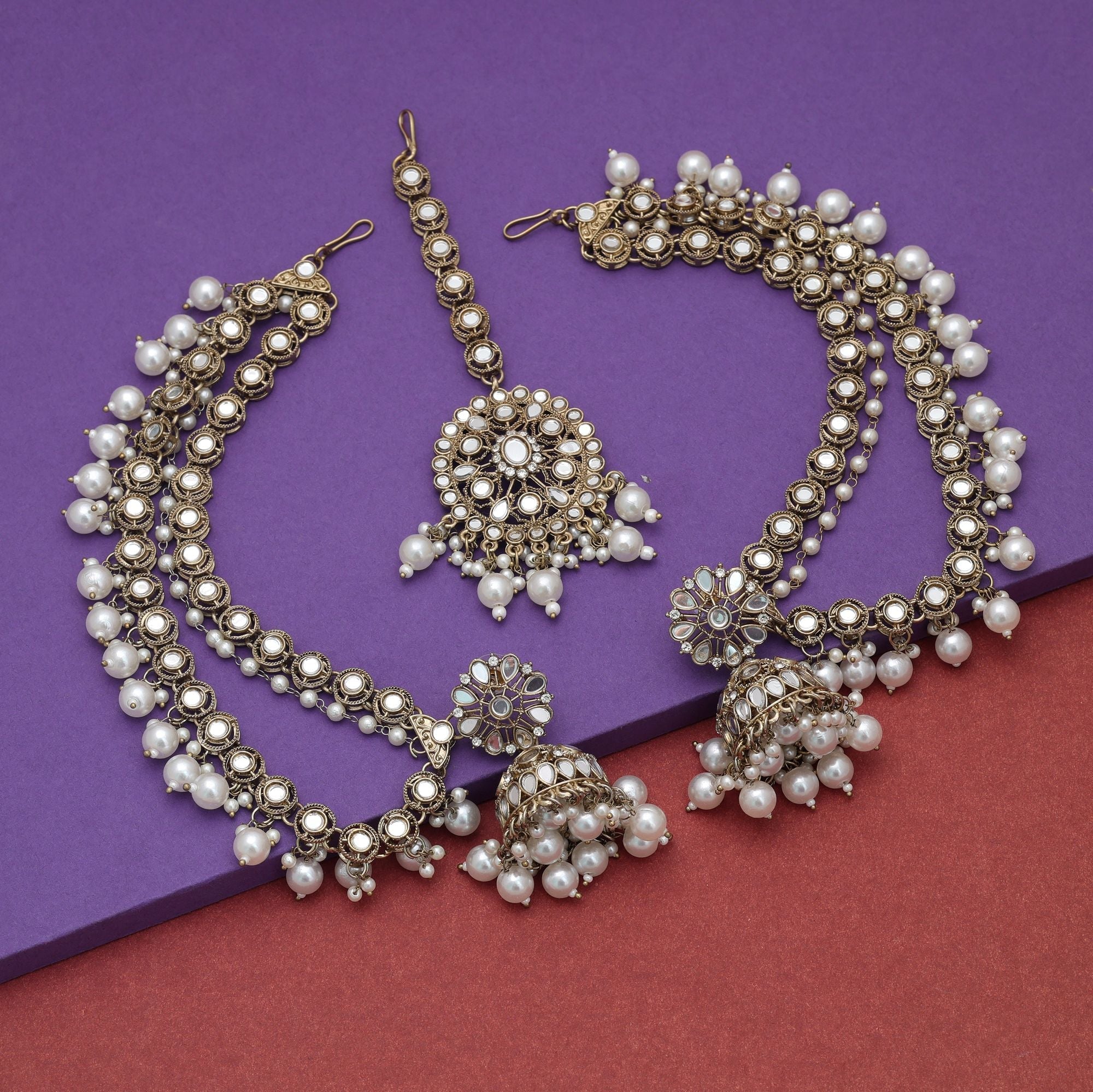 White Color Mirror Kundan Earrings Tikka Set Bridal Wear