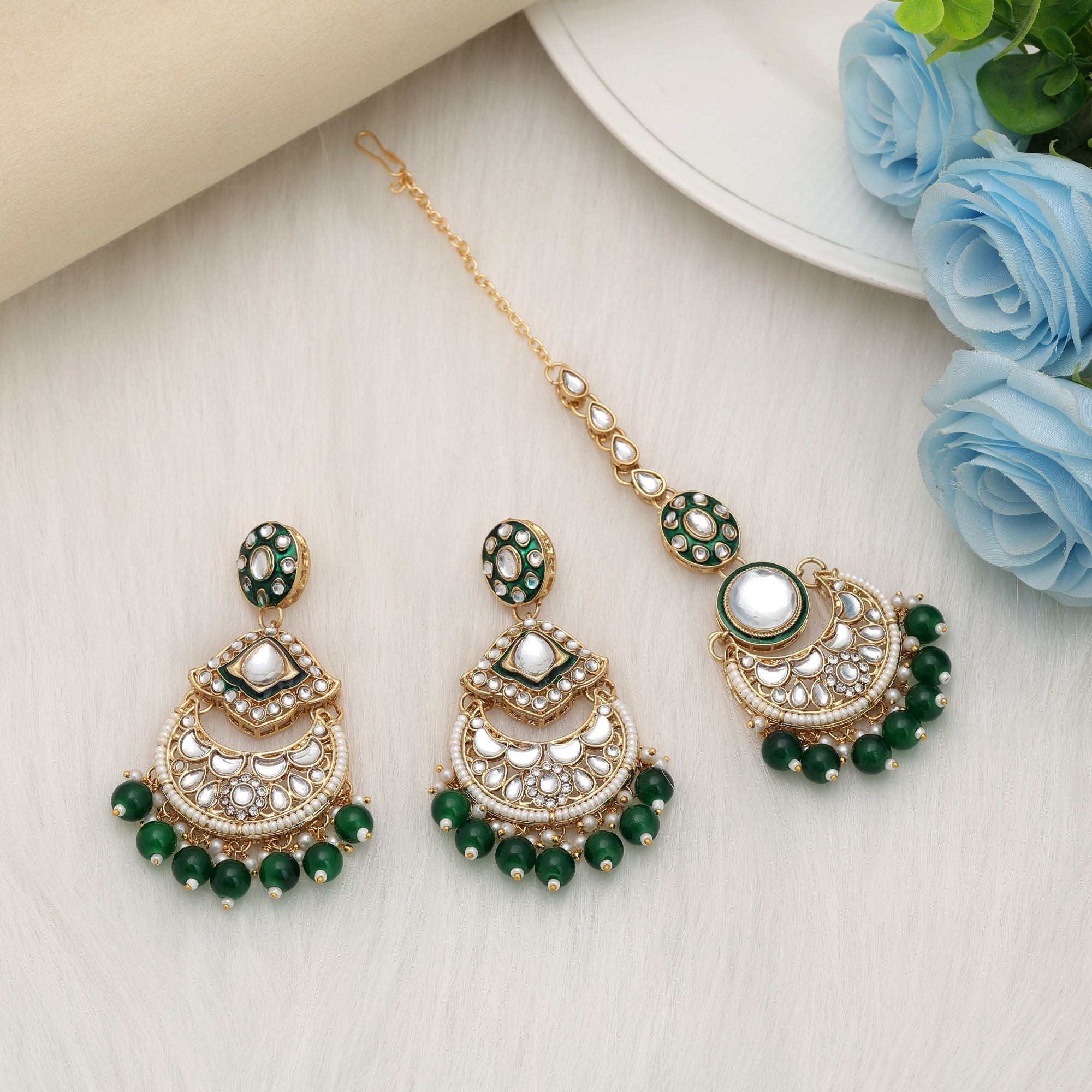Green Color Traditional Kundan Earrings Tikka Set