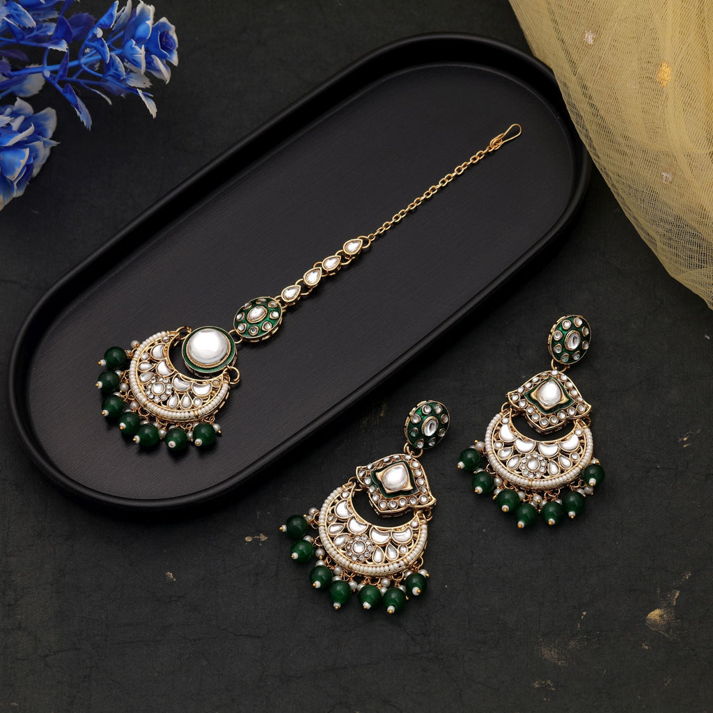 Green Color Traditional Kundan Earrings Tikka Set