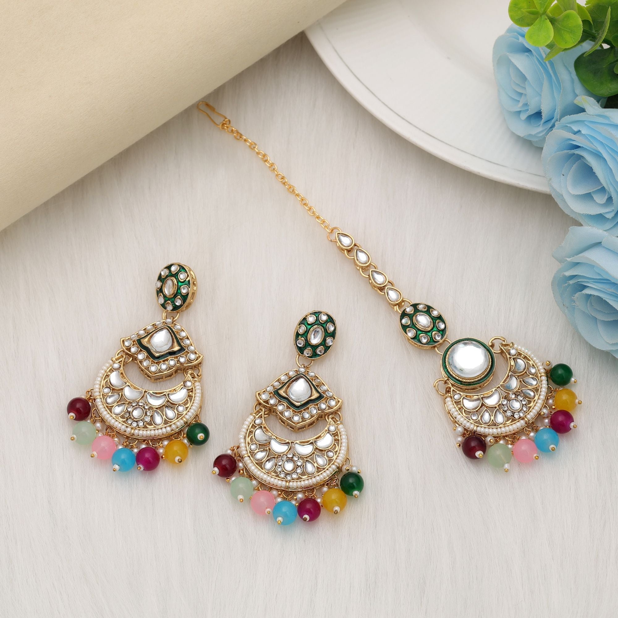 Multi Color Wedding Kundan Earrings Tikka Set