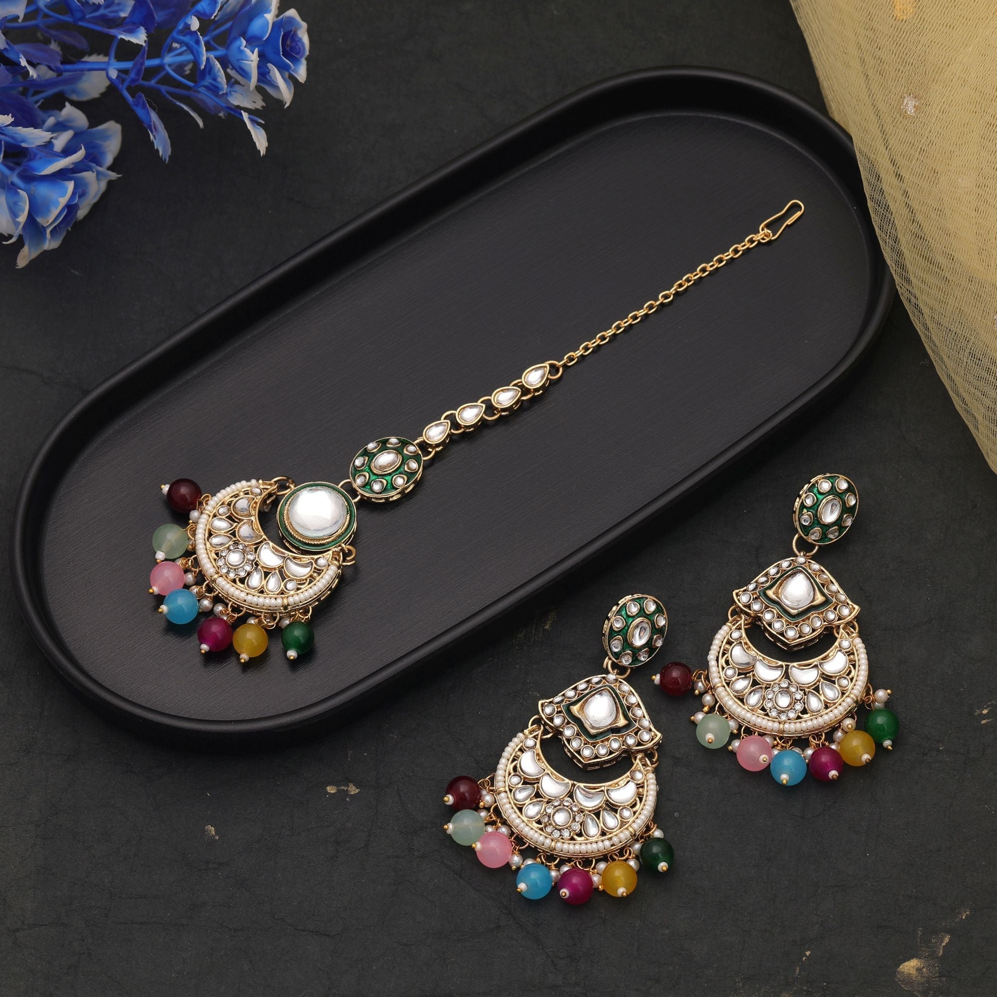 Multi Color Wedding Kundan Earrings Tikka Set