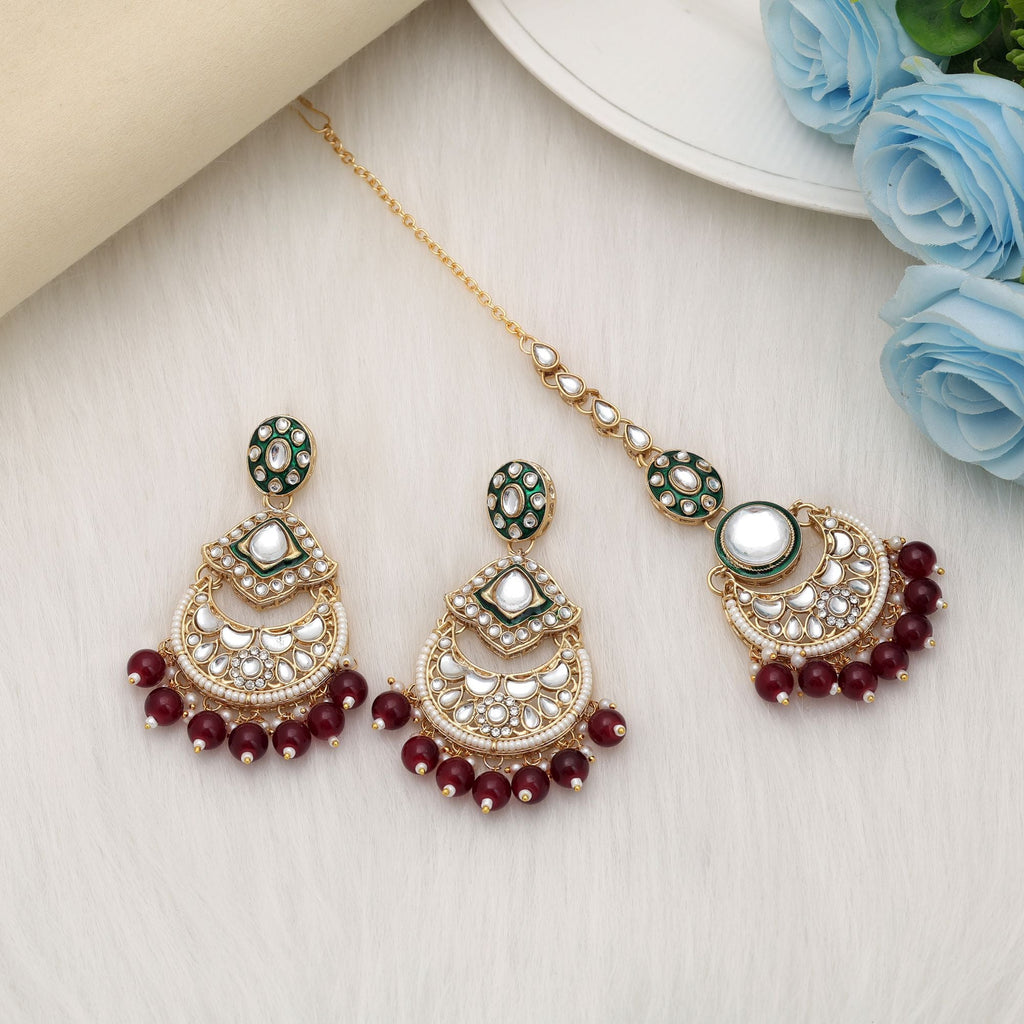 Maroon Color Bridal Kundan Earrings Tikka Set